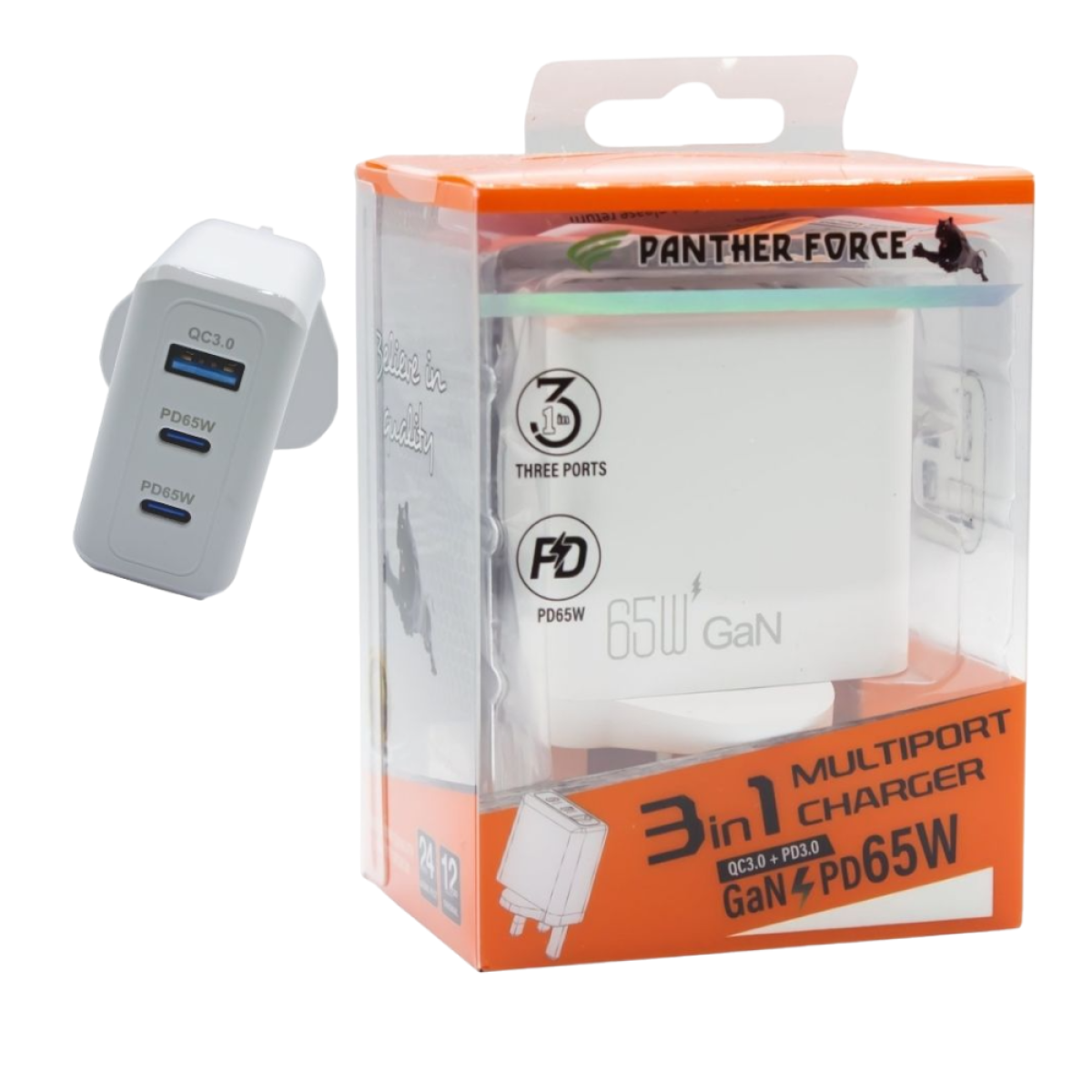 Panther Force 65W Fast Charging Plug with 2 USB-C Ports and 1 USB-A Port
