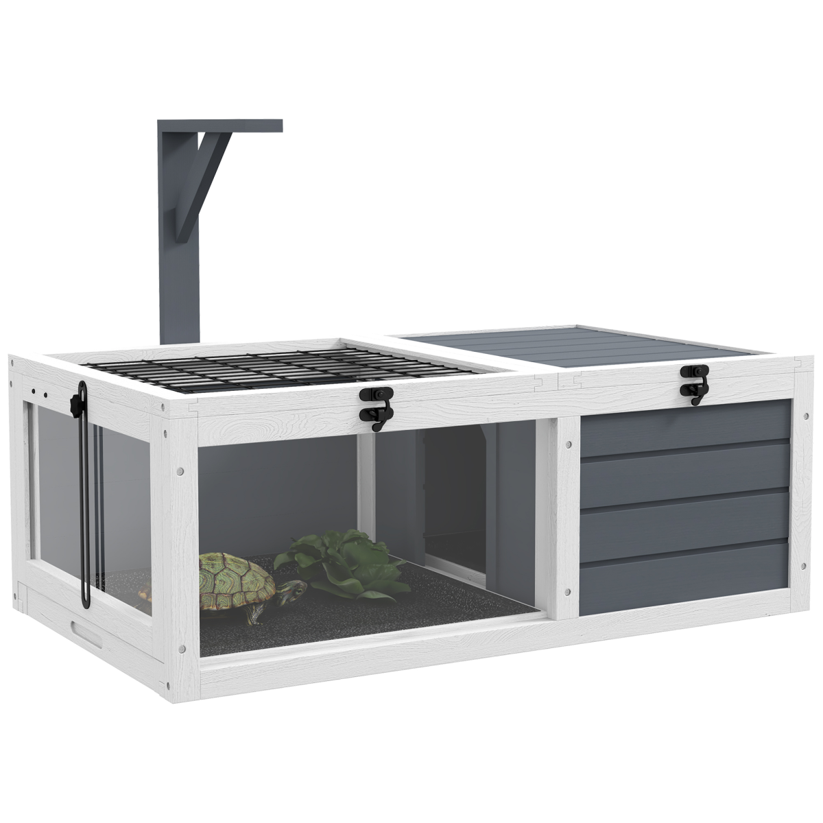 PawHut Grey Wooden Tortoise House with Basking Area & Lamp Holder
