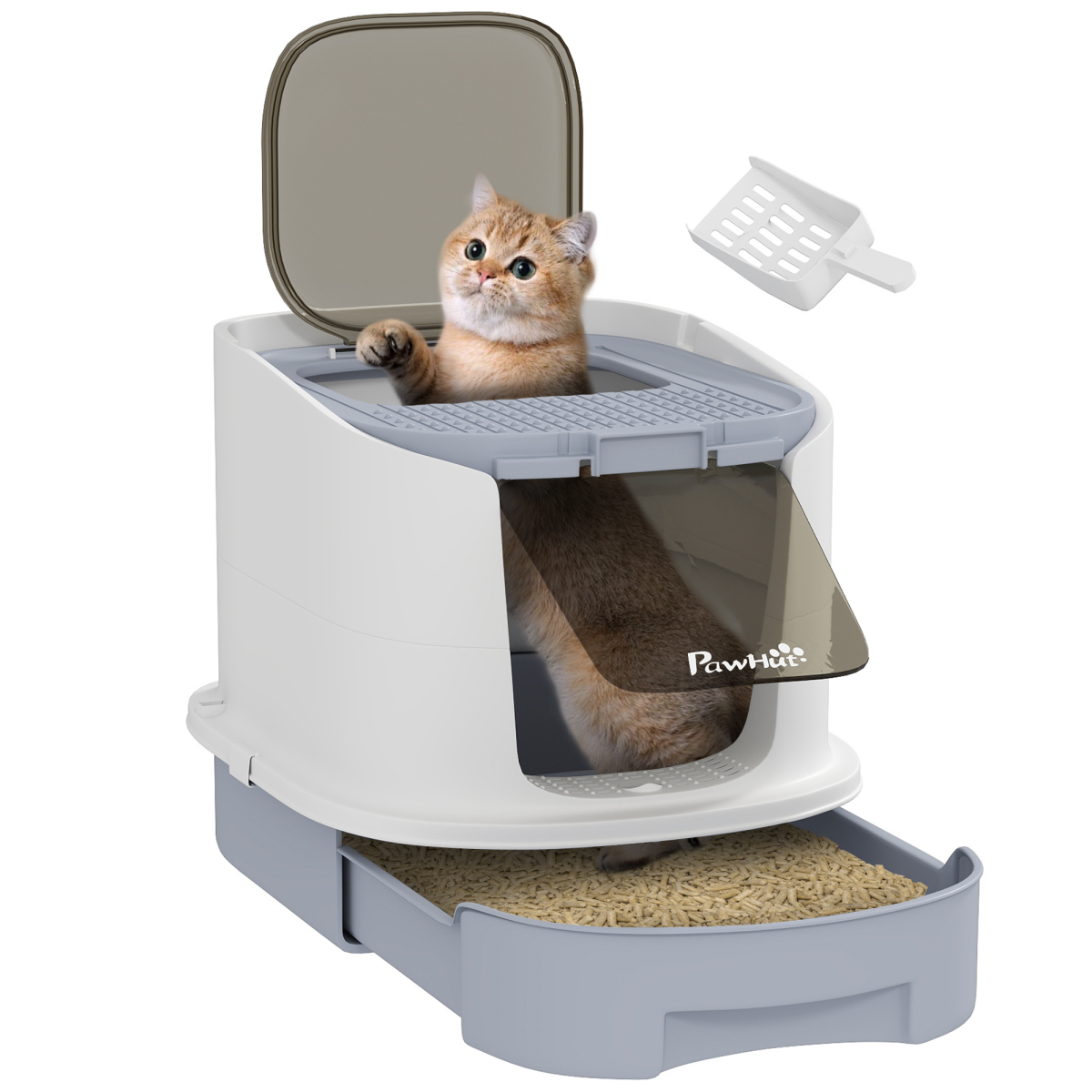 PawHut Hooded Cat Litter Box with Lid, Scoop and Drawer, Grey