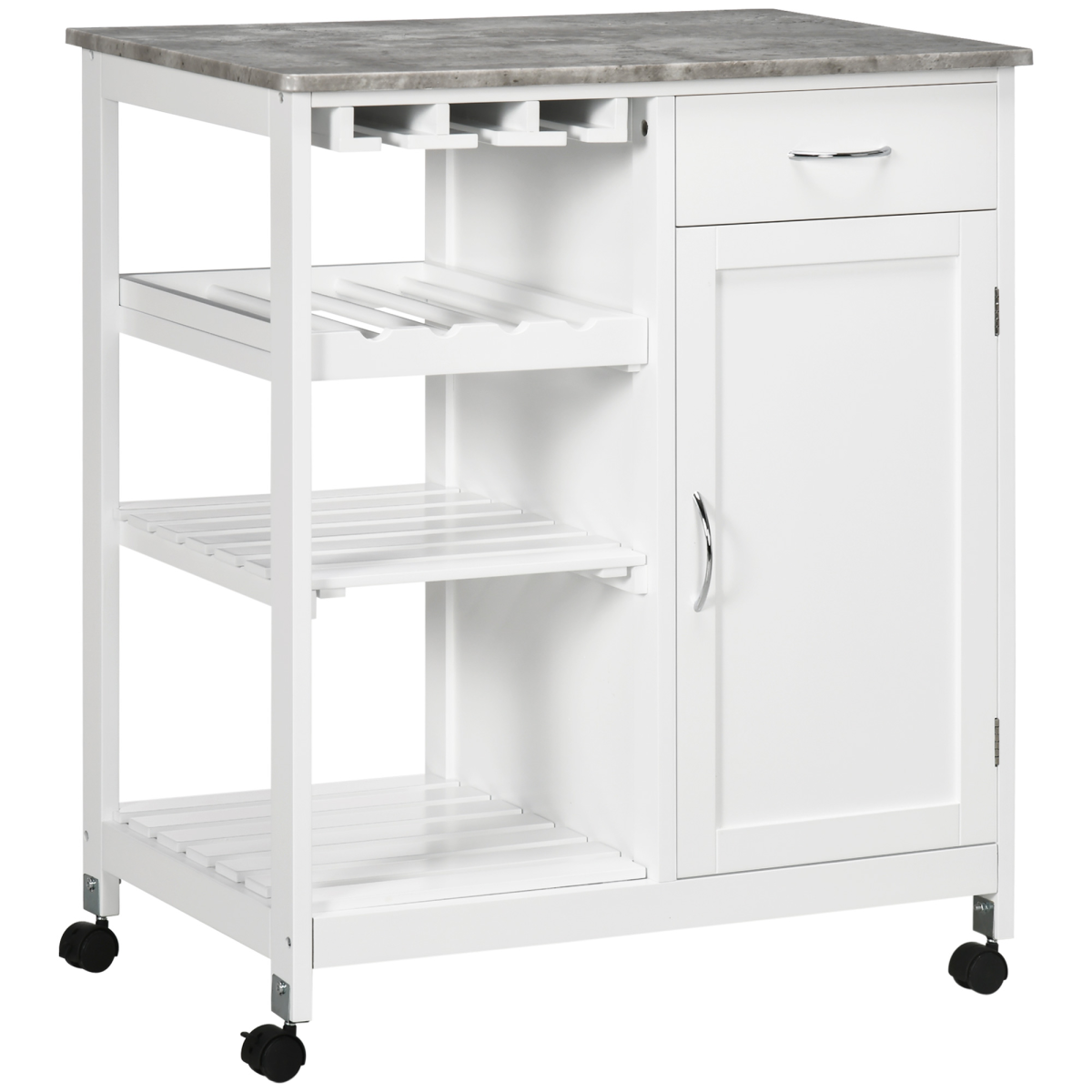 HOMCOM Kitchen Trolley Utility Cart on Wheels with Wine Rack, Drawer, Two Shelves, Side Cupboard, White