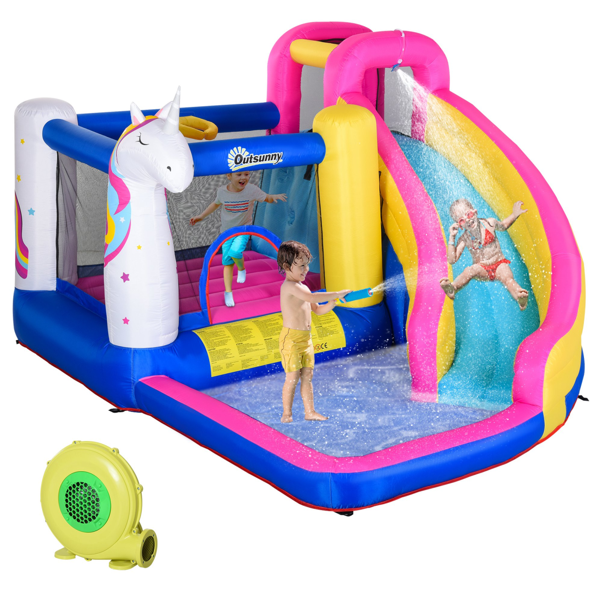 Outsunny 5-in-1 Bouncy Castle Inflatable Play Centre with Blower, Slide, Pool, Trampoline, Climbing Wall and Basketball Hoop, for Ages 3-8 Years