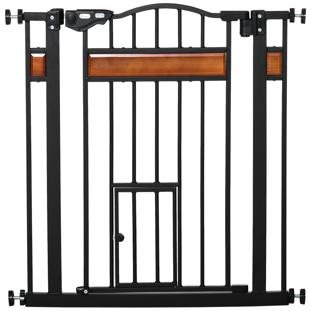 PawHut Dog Safety Gate with Cat Door, Auto-Close, Steel Frame, Pine Decor, 74-80 cm Wide