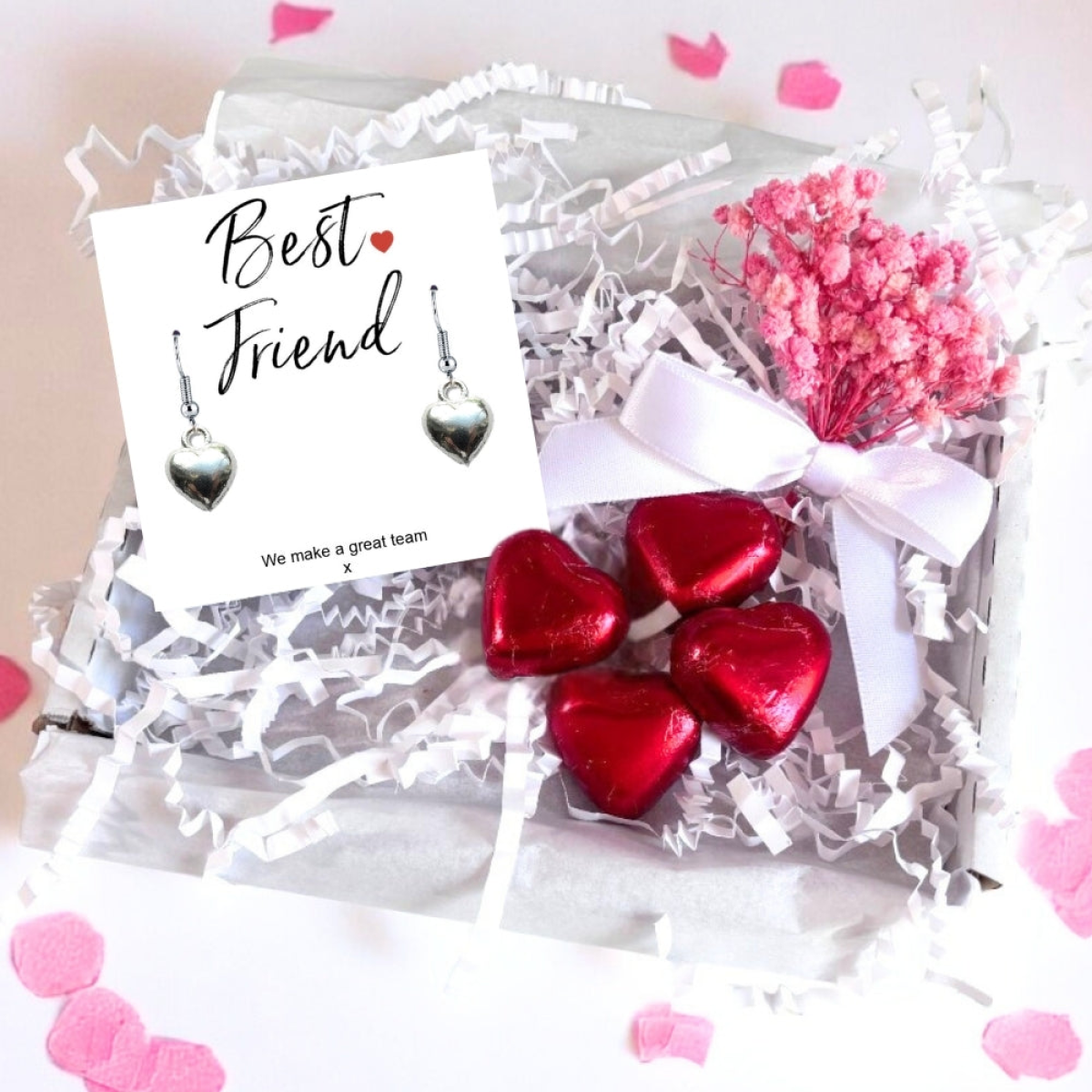 Best Friend Silver Heart Earrings Gift Hamper with Milk Chocolate Hearts and Dried Flower Bouquet