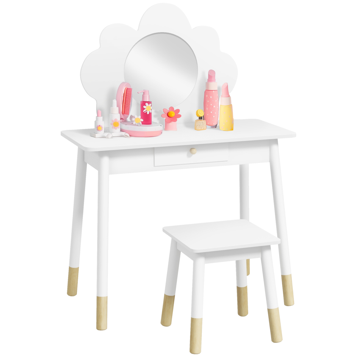 AIYAPLAY Kids Cloud Dressing Table Set with Mirror, Stool & Drawer