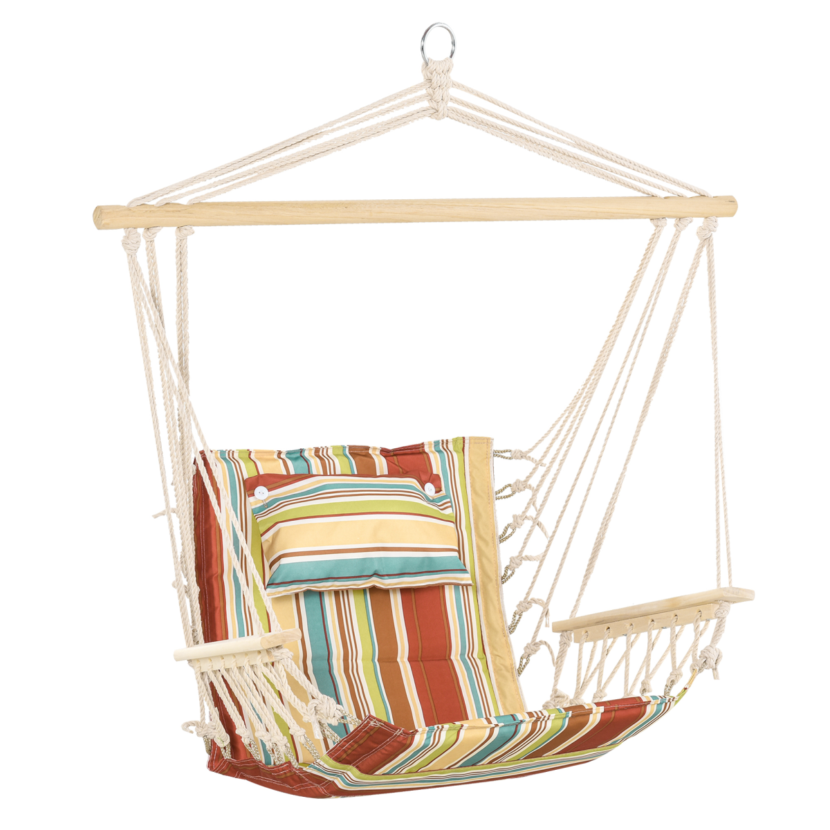 Outsunny Hanging Hammock Chair Swing with Wide Seat, Thick Rope, Wooden Armrests, Cotton Seat, Removable Pillow, 105kg Capacity