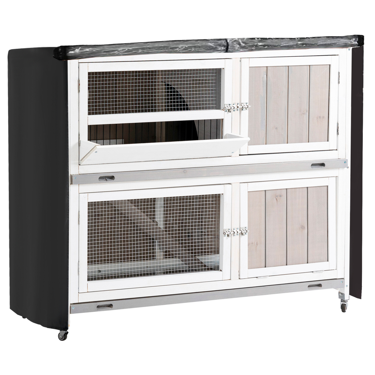 Two-Tier Wooden Rabbit Hutch with Wheels, Tray & Rain Cover
