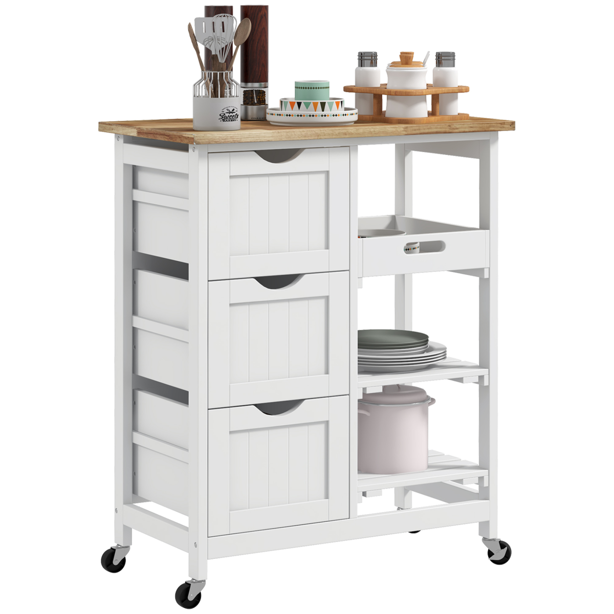 HOMCOM White Rolling Kitchen Island Cart with 3 Drawers & Tray