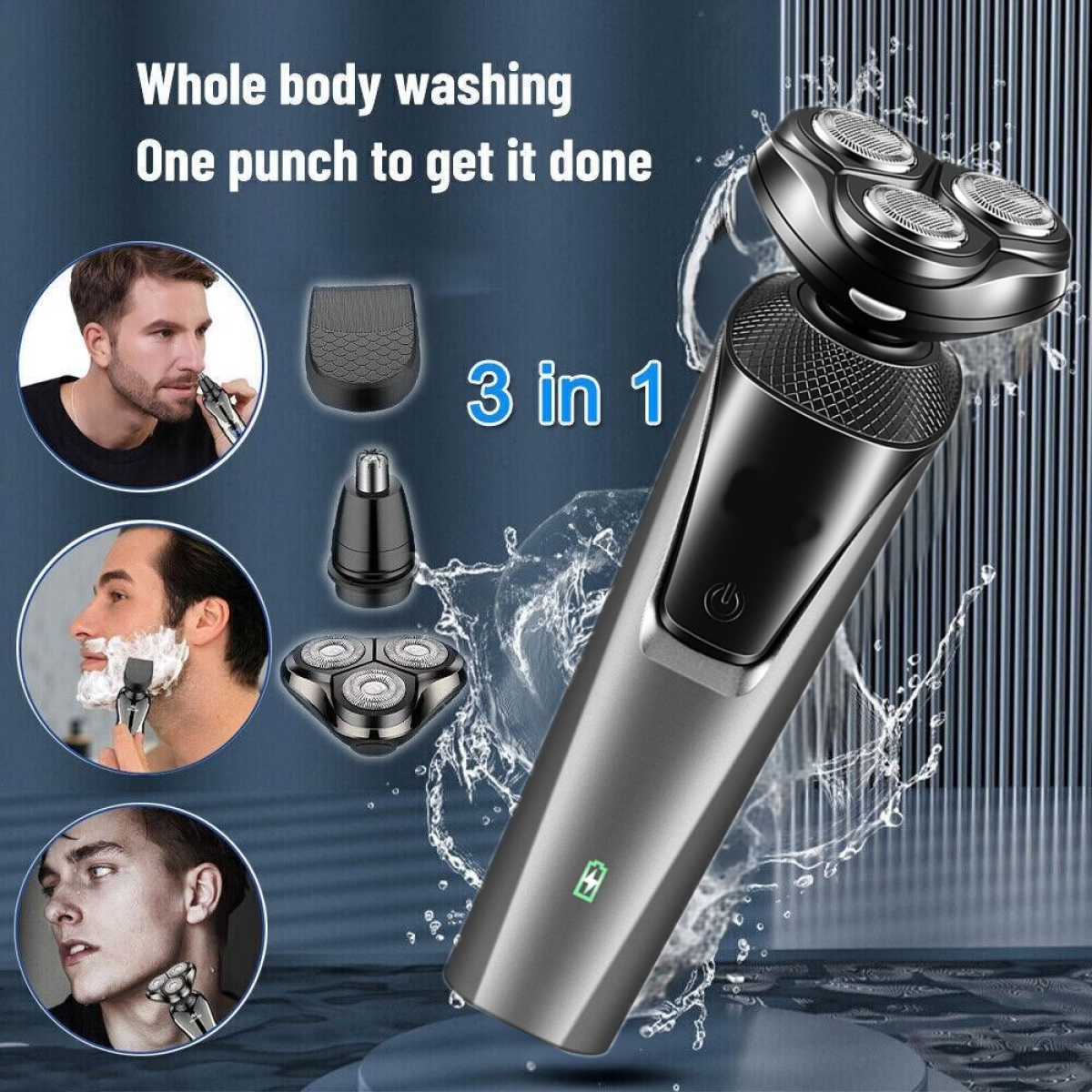 USB Rechargeable 3-in-1 Men’s Electric Shaver with 3 Heads, Nose Hair Trimmer and Cheek Trimmer