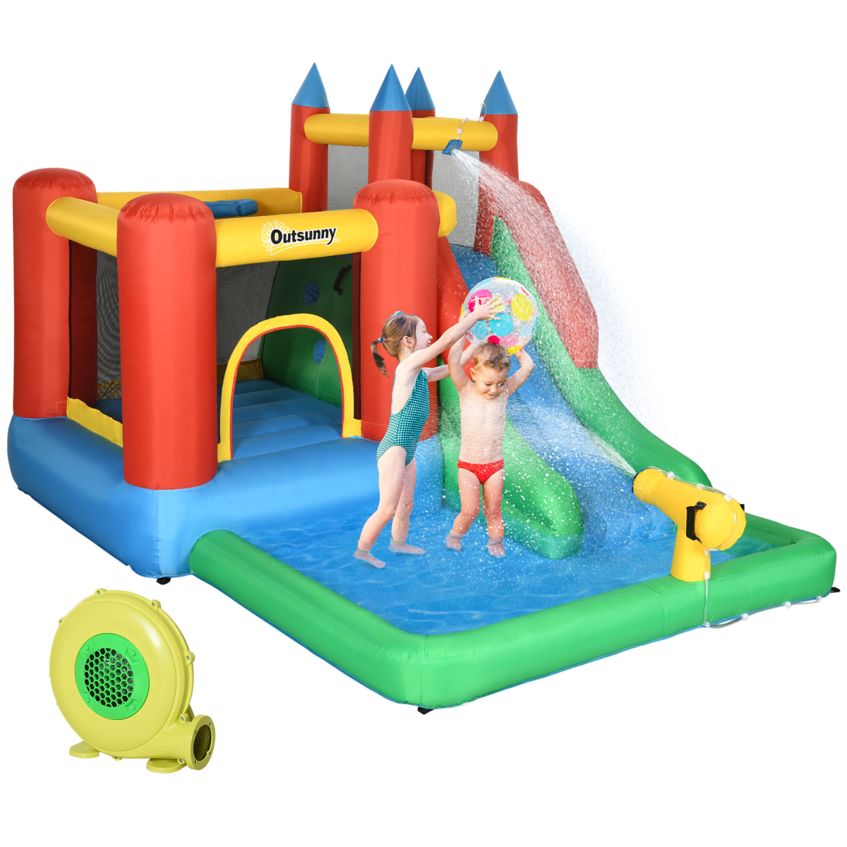 Outsunny Kids Bouncy Castle with Slide, Water Pool, Climbing Wall, Trampoline, Basket, Water Gun and Electric Blower