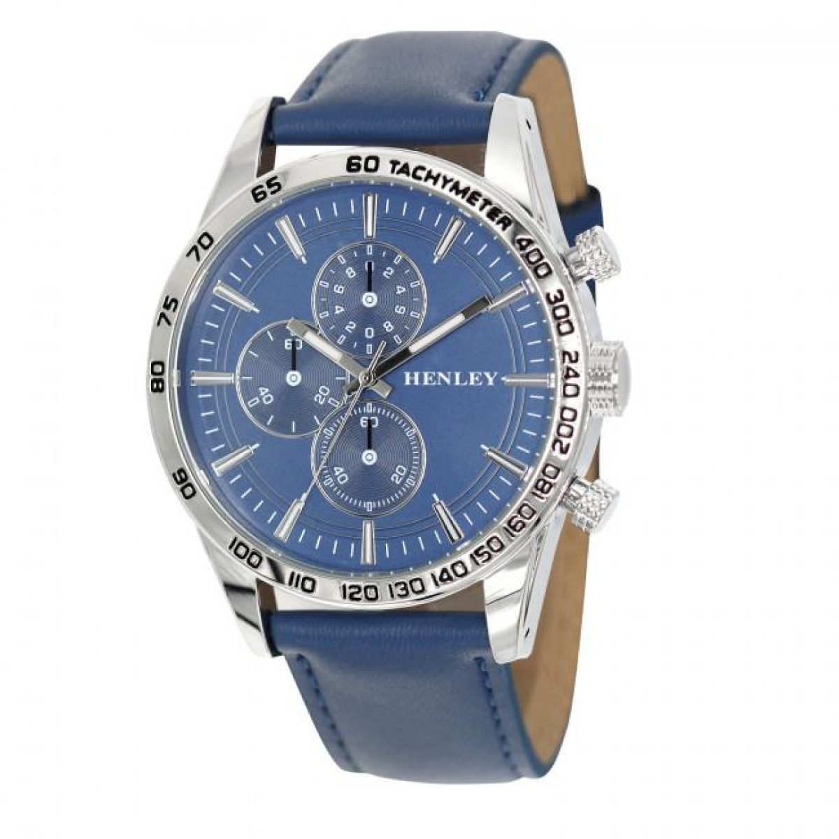 Henley Men's Polished Silver Sports Watch with Blue Dial and Blue Faux Leather Strap