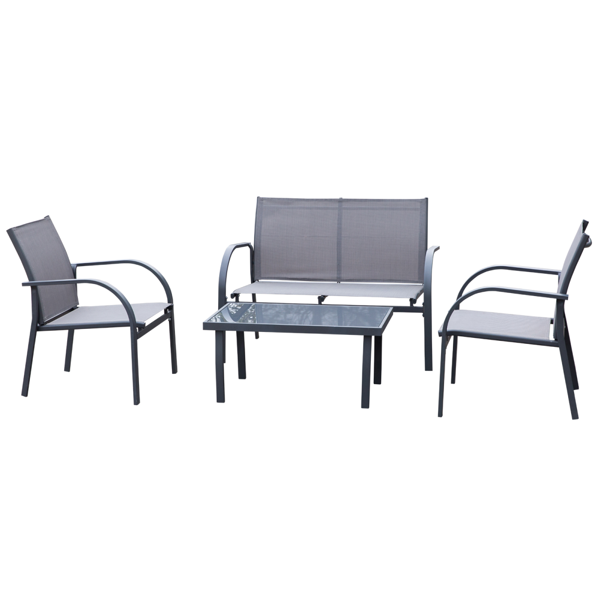 Outsunny 4 Piece Outdoor Dining Set with Loveseat, 2 Chairs and Tempered Glass Table, Grey