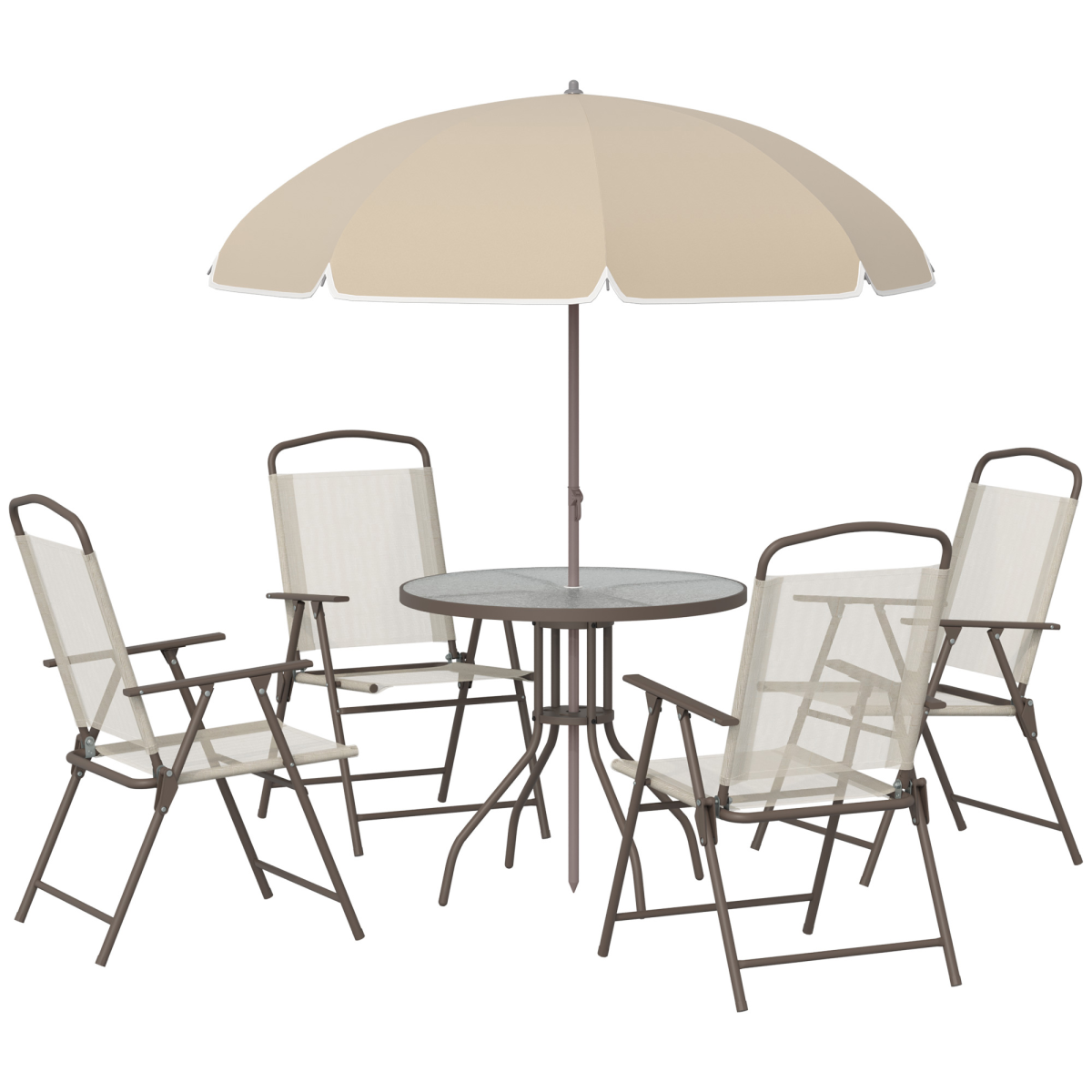 Outsunny 6 Piece Garden Outdoor Dining Set with Folding Chairs, Table, Parasol and Tempered Glass Top