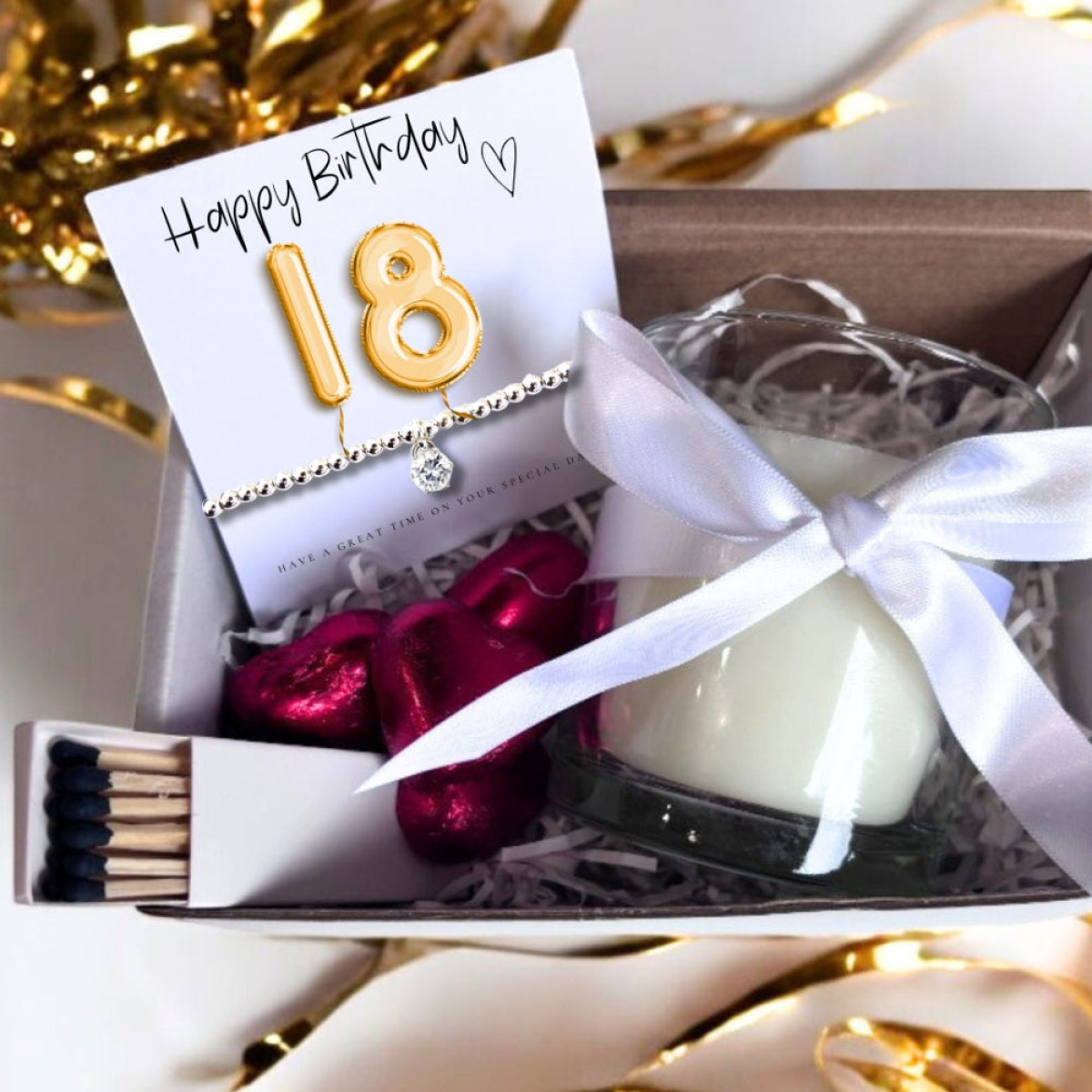 18th Birthday Gold Balloons Gift Hamper with Cubic Zirconia Bracelet, Candle & Chocolate Hearts