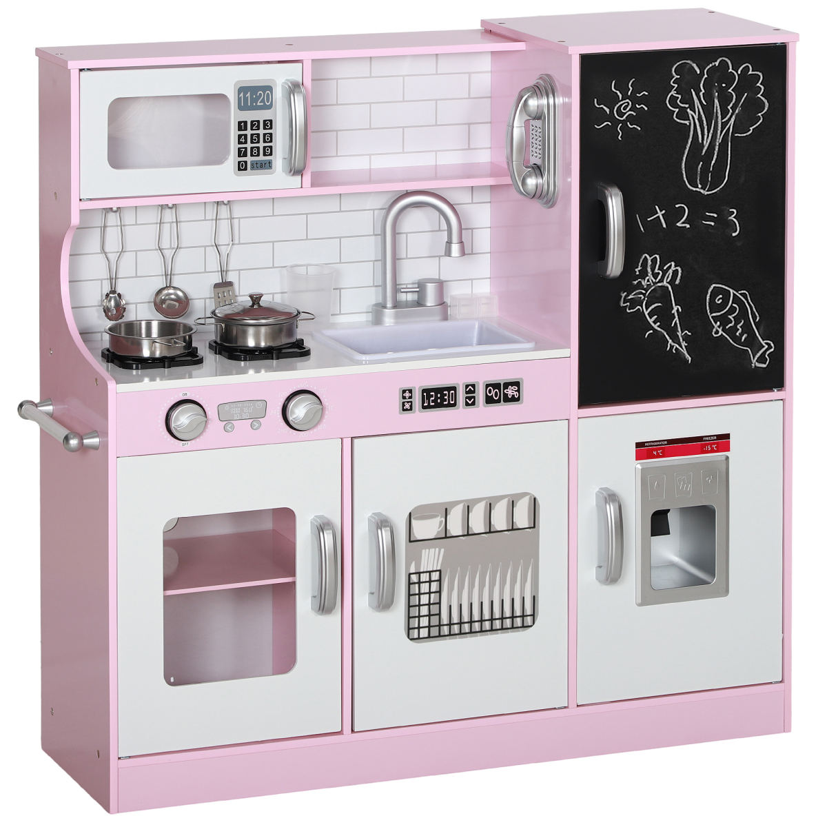 AIYAPLAY Kids Play Kitchen Set with Phone, Chalkboard, Sink & Ice Maker