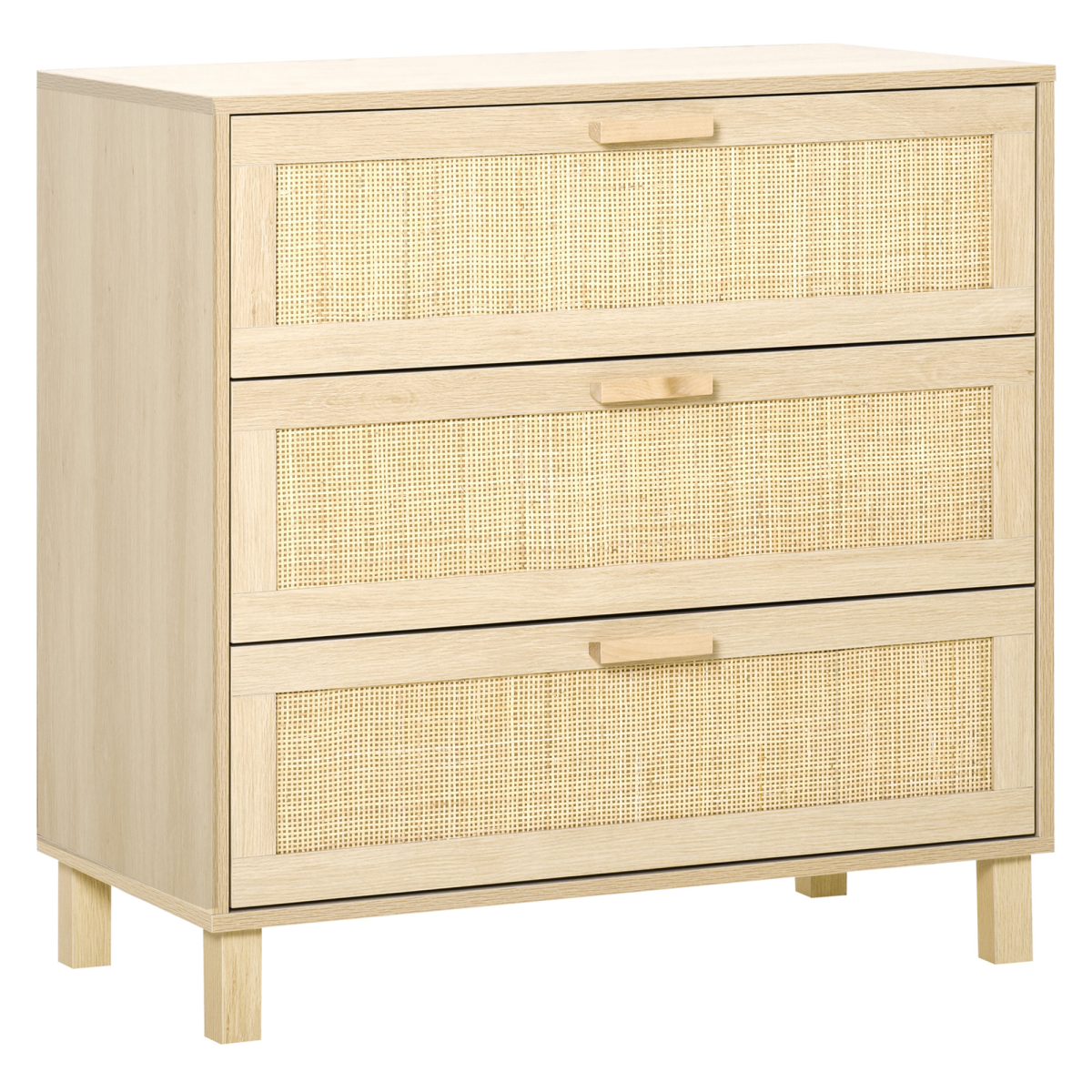 3 Drawer Freestanding Wooden Storage Cabinet with Rattan Weave Panels, Bedroom Chest of Drawers, 80cm Wide