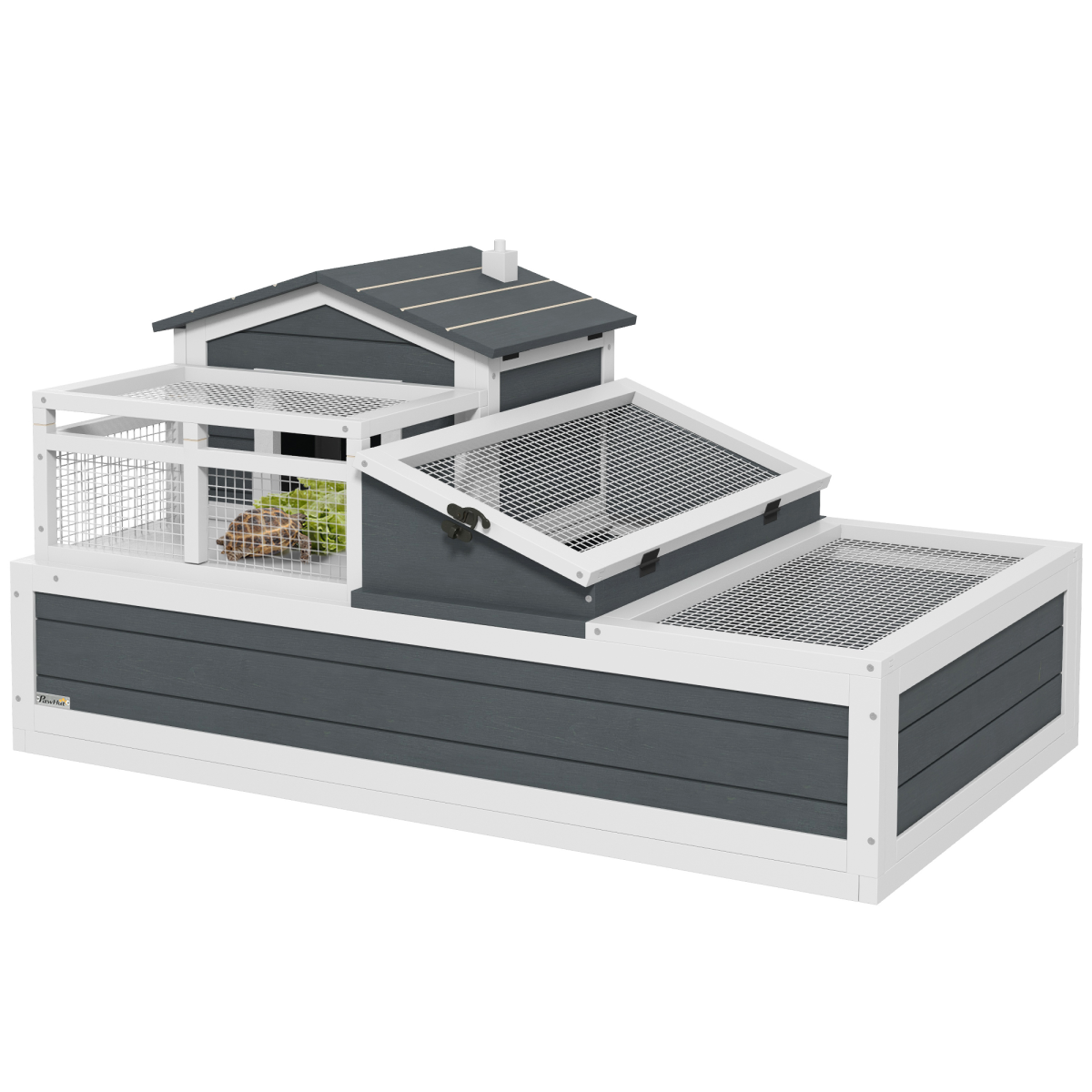 PawHut Wooden Tortoise House with Balcony, Tray & Openable Roof