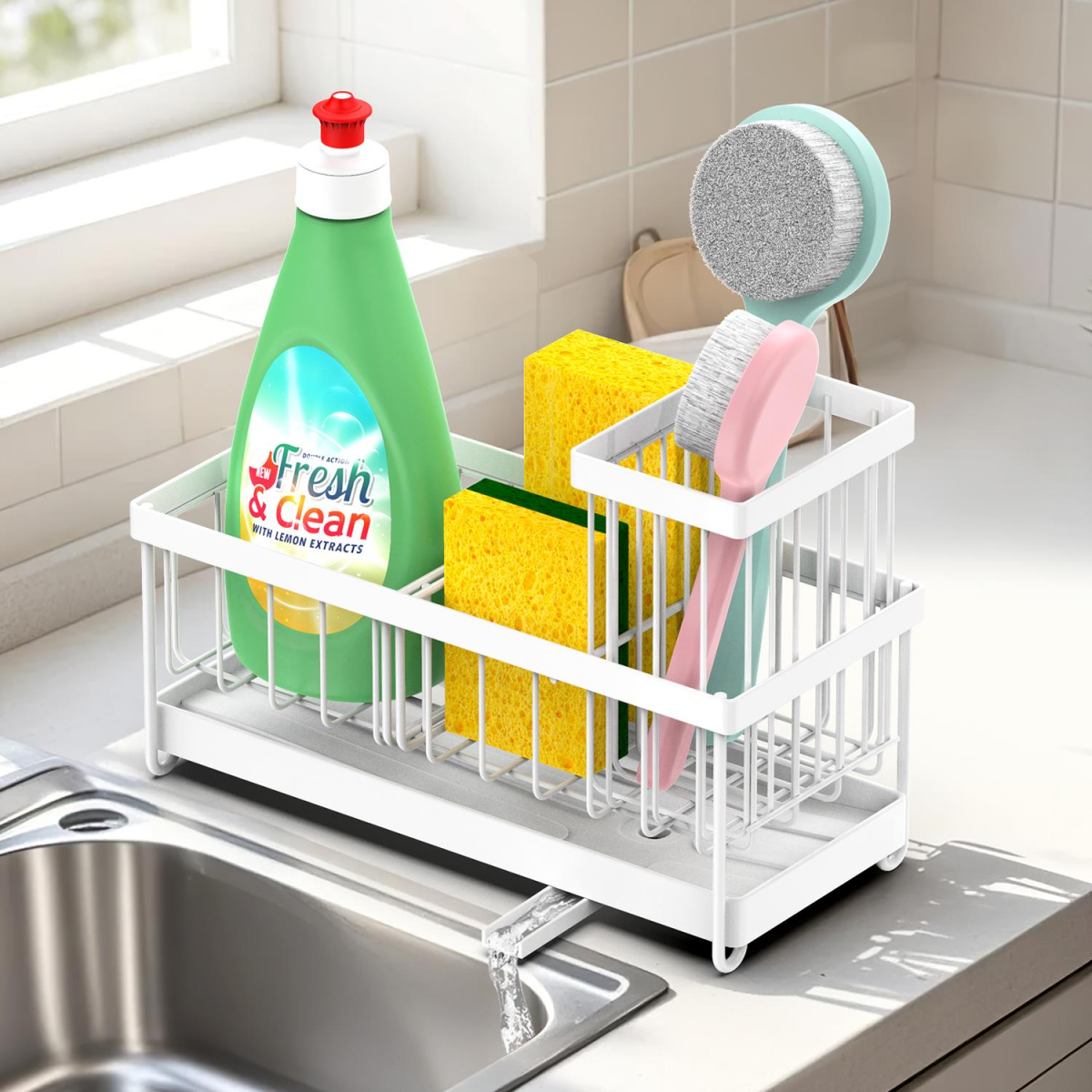 Vinsani White Sink Sponge Holder with Removable Dividers and Compartments