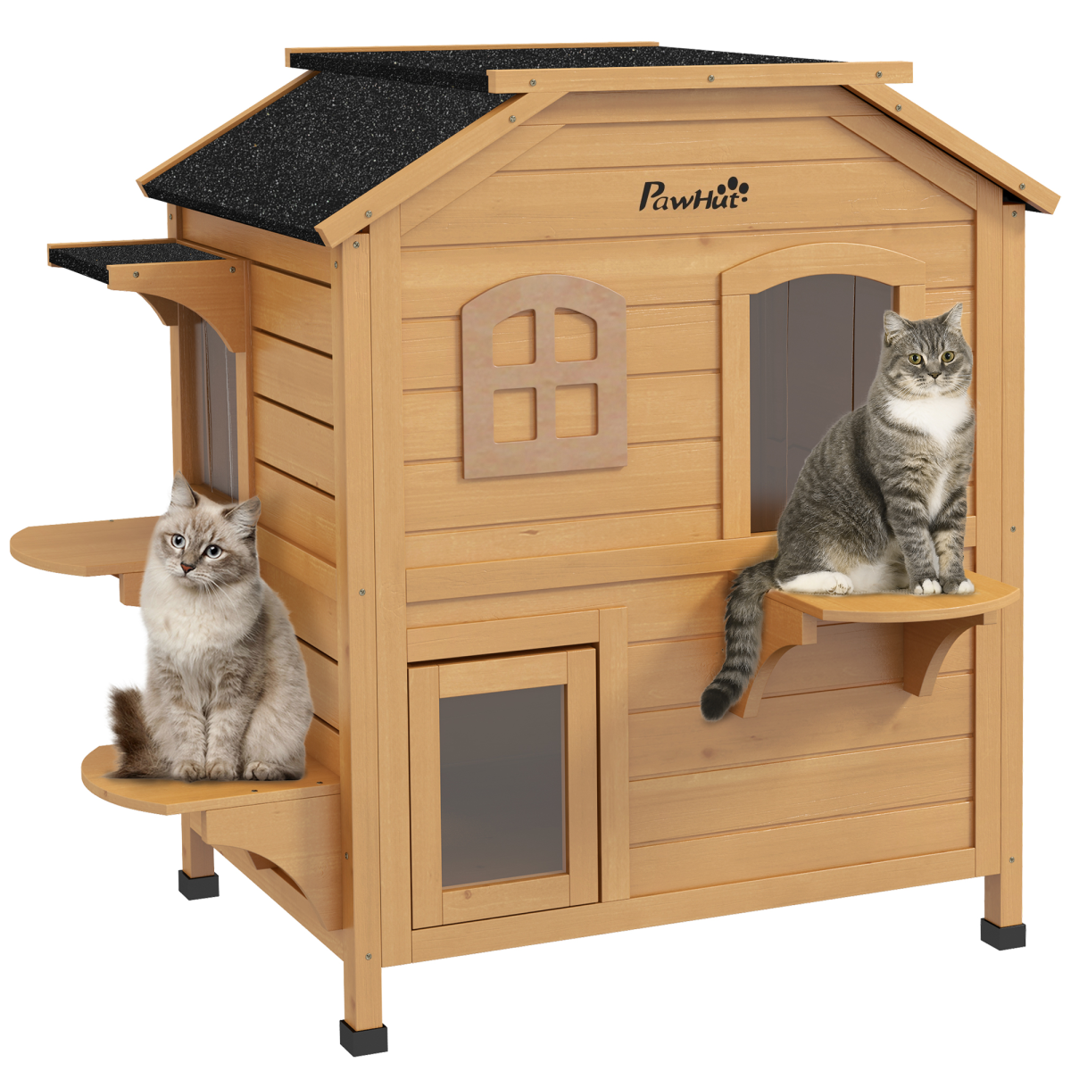 PawHut Wooden Cat House Outdoor Cat Shelter with Openable Roof, Two-Floor Solid Wood Pet Condo