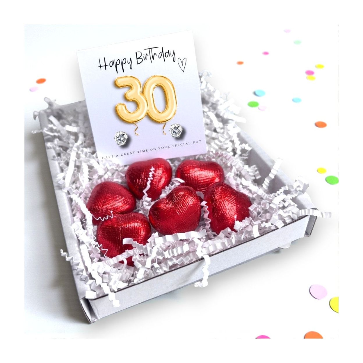 30th Birthday Cubic Zirconia Stud Earrings Gift Hamper with Gold Balloons Card and Milk Chocolate Hearts