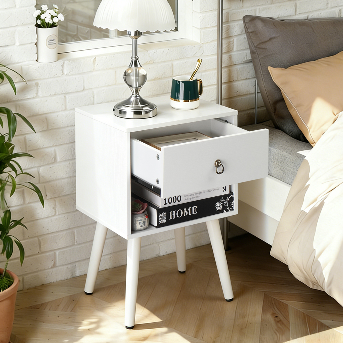 White P2 Particleboard Bedside Table with Solid Wood Legs, Pull-Ring Handle, One Drawer and Lower Shelf, 38 x 30 x 55 cm