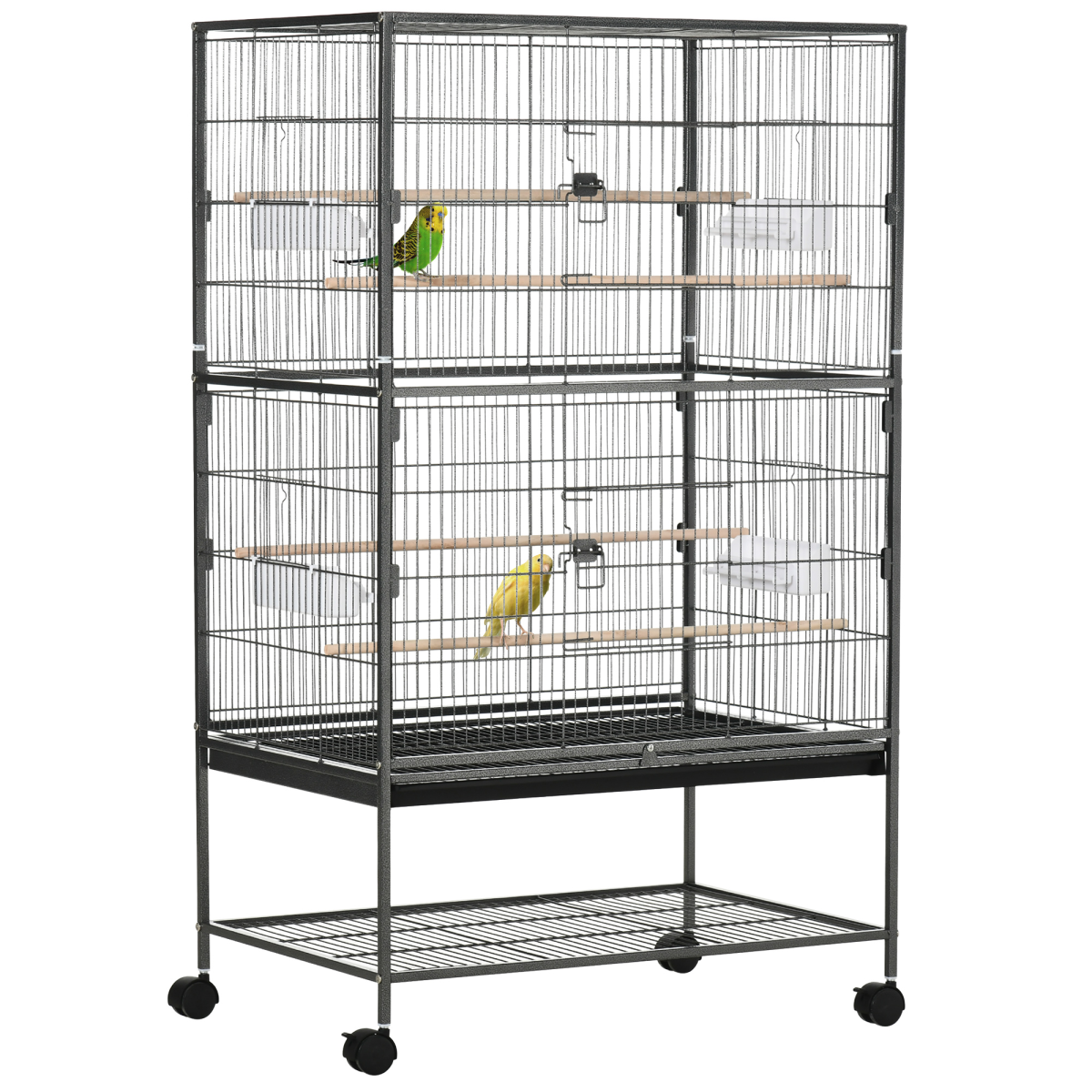 Bird Cage Aviary for Budgies & Canaries, Rolling Stand, Slide-Out Tray, Grey