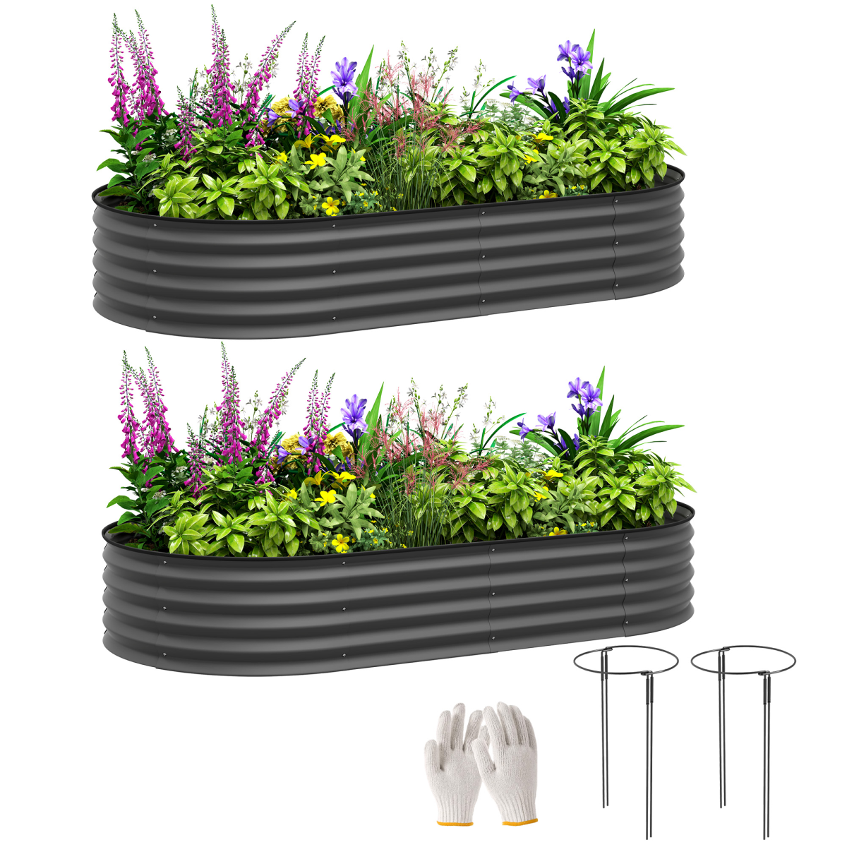 Outsunny Set of 2 Galvanised Steel Raised Garden Beds, Dark Grey
