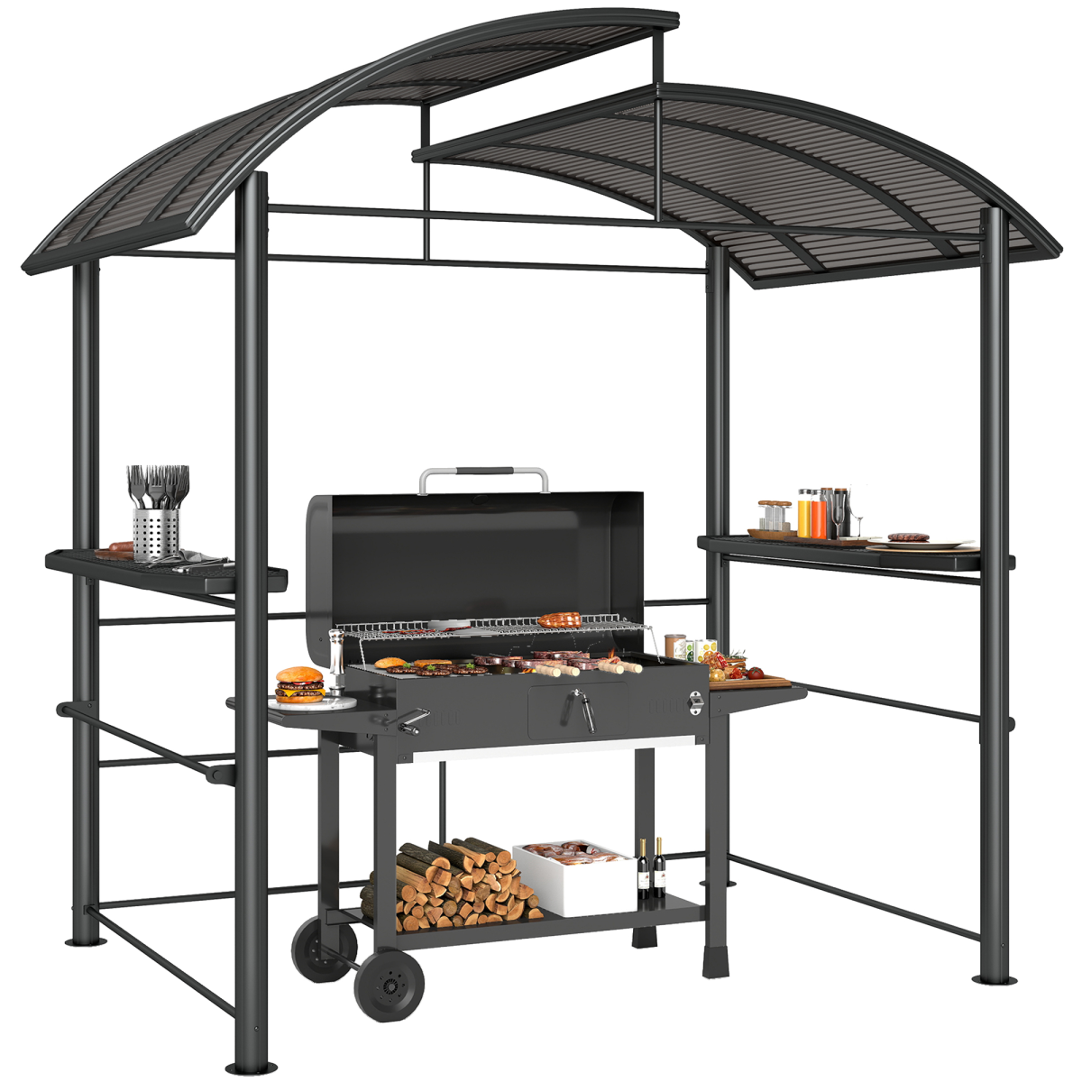 Outsunny BBQ Patio Gazebo with Polycarbonate Roof and 2 Shelves