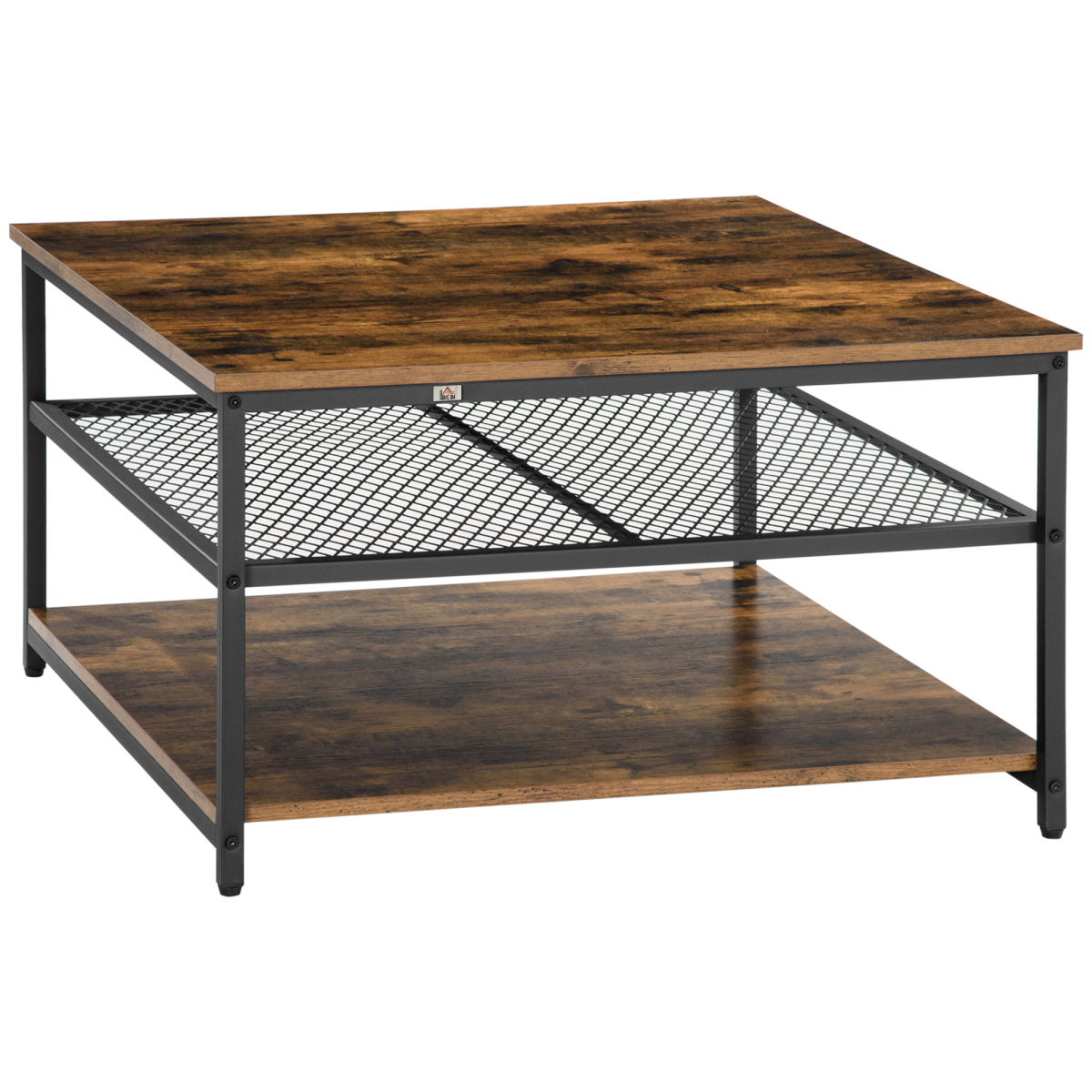 Industrial Coffee Table with 3-Tier Storage Shelves, Rustic Brown, Black Steel Frame, 80 x 80 x 45 cm
