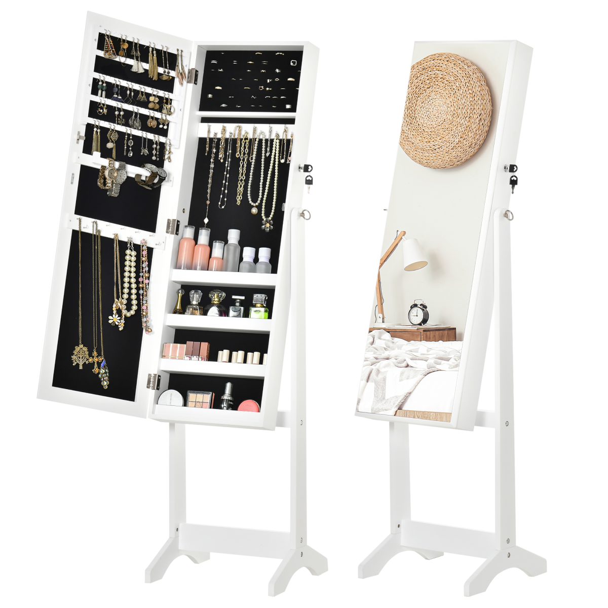 Freestanding Mirrored Jewellery Cabinet with Lockable Storage, White
