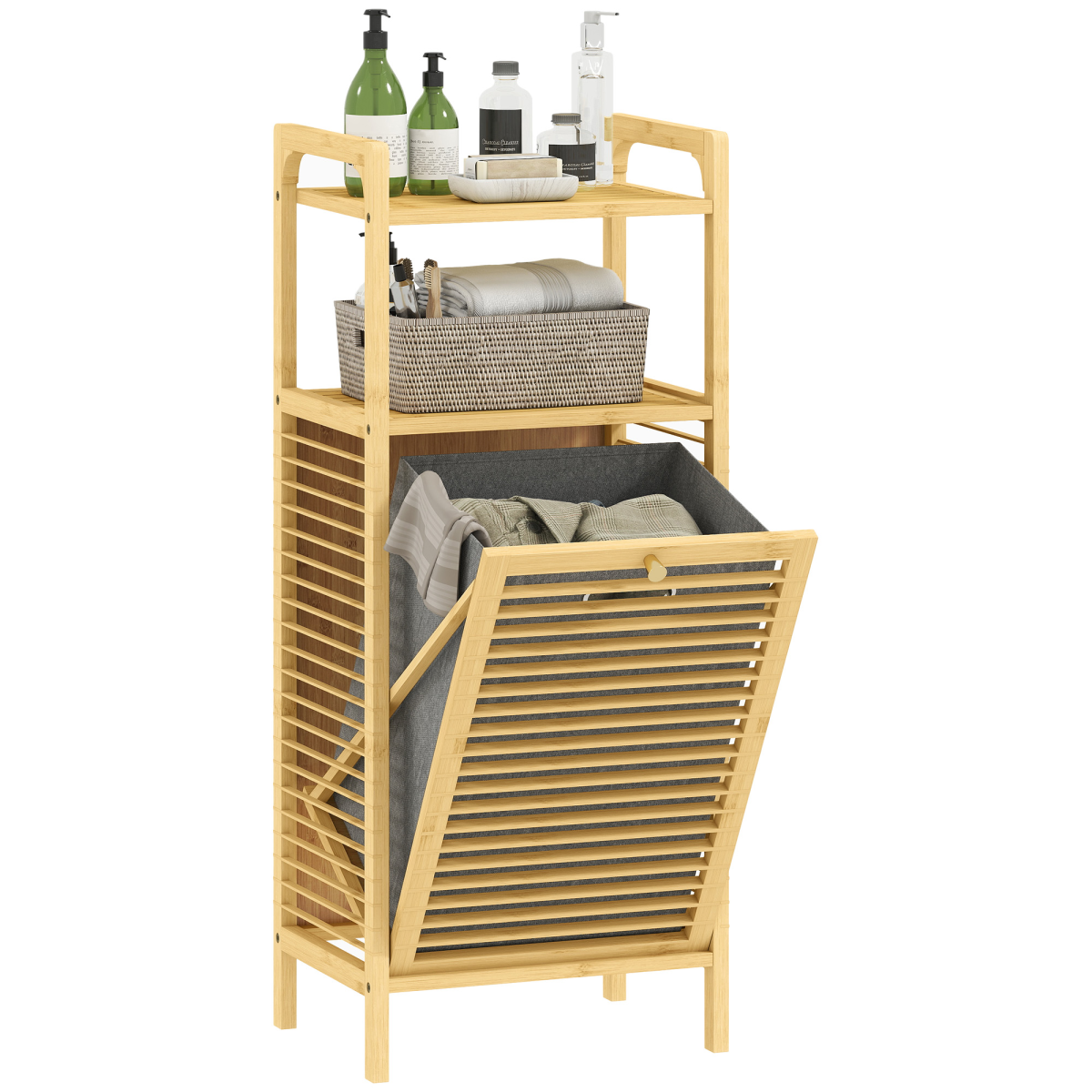 HOMCOM Bamboo Laundry Hamper Cabinet with Removable 37L Basket