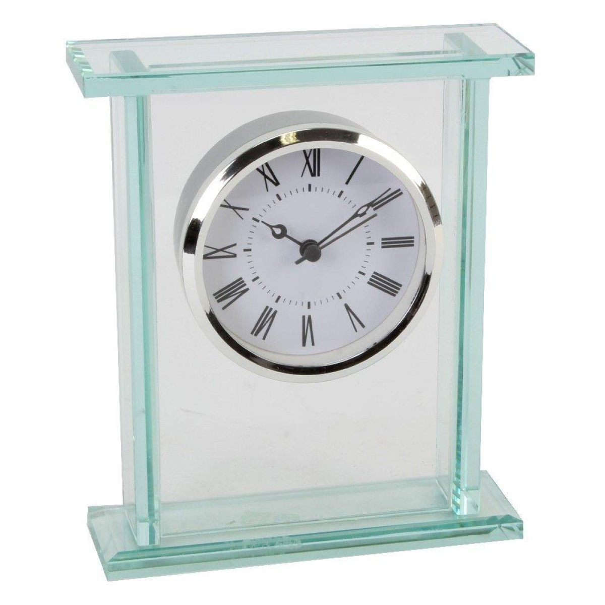 Wm. Widdop Glass Mantel Clock with Silver Bezel and Roman Numeral Dial
