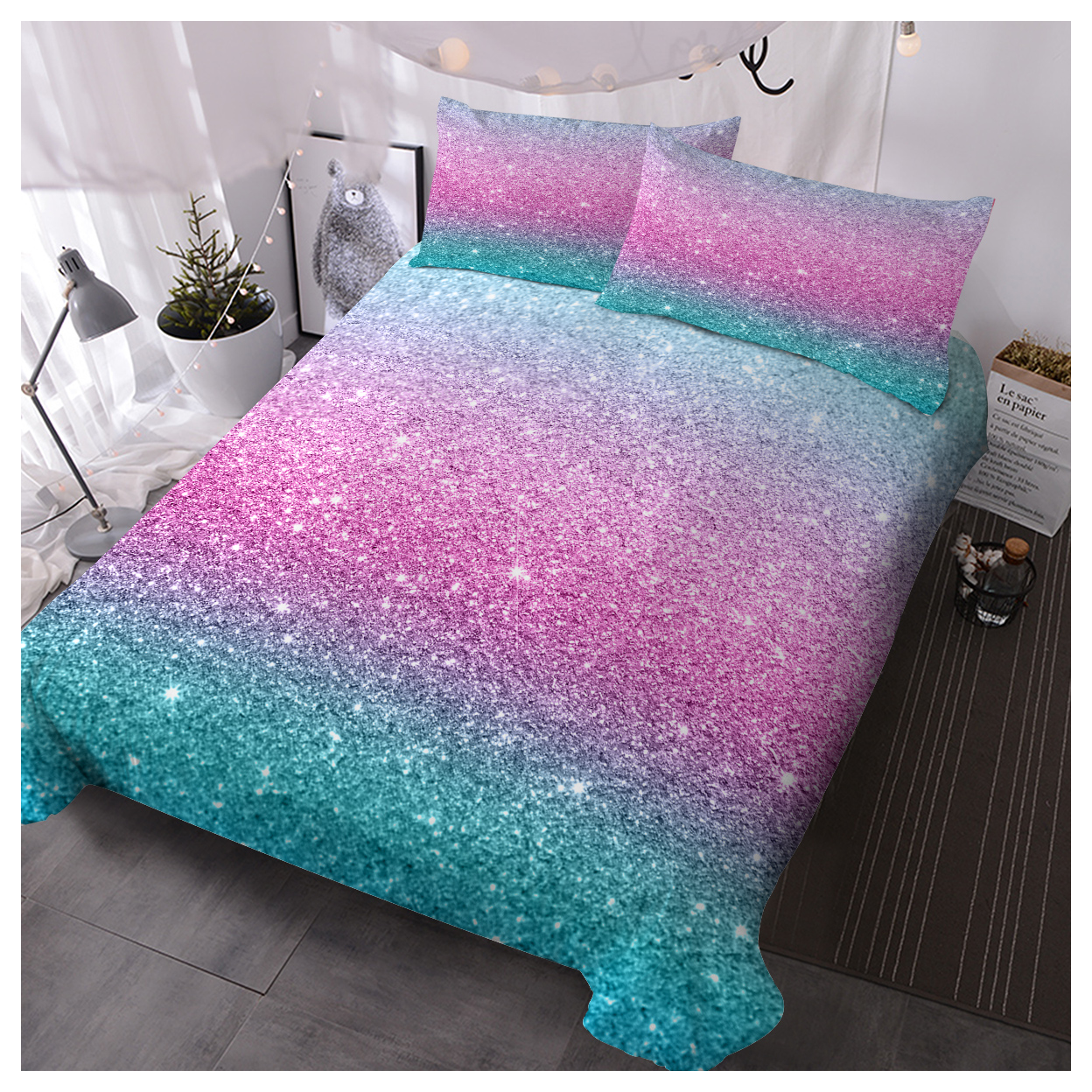 Rainbow Glitter Ombre Duvet Cover Bedding Set, 3 Pieces with 2 Pillow Shams