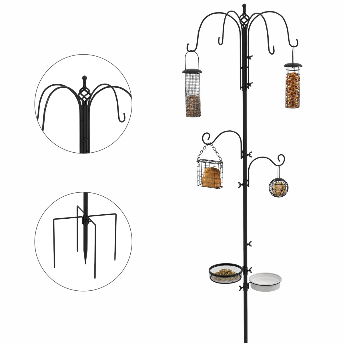 Bird Feeding Station Kit with 6 Hooks, 4 Feeders, Mesh Tray and Water Tray