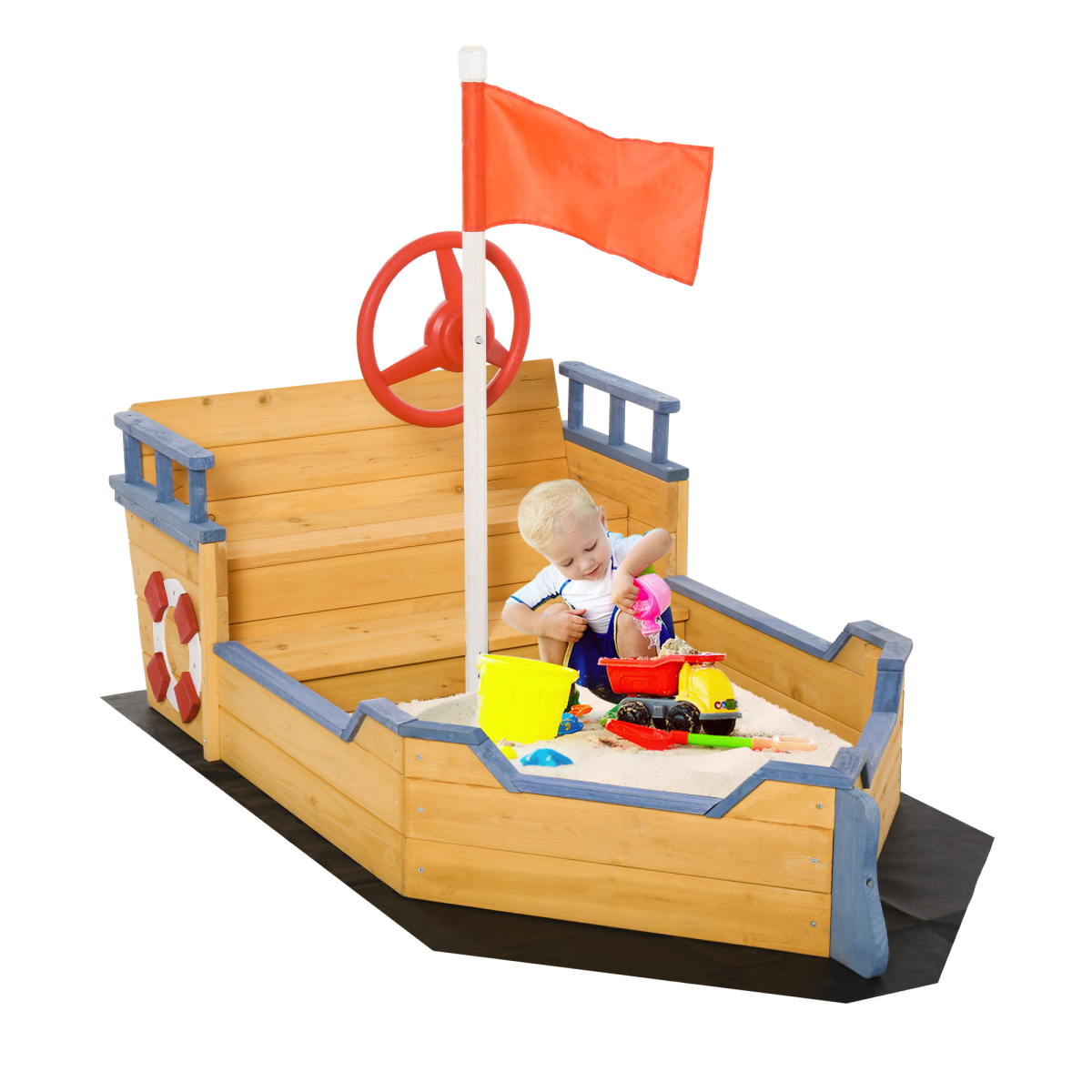 Outsunny Kids Wooden Pirate Ship Sandbox with Bench Seat and Storage Space, Fir Wood Play Boat, Ages 3-6