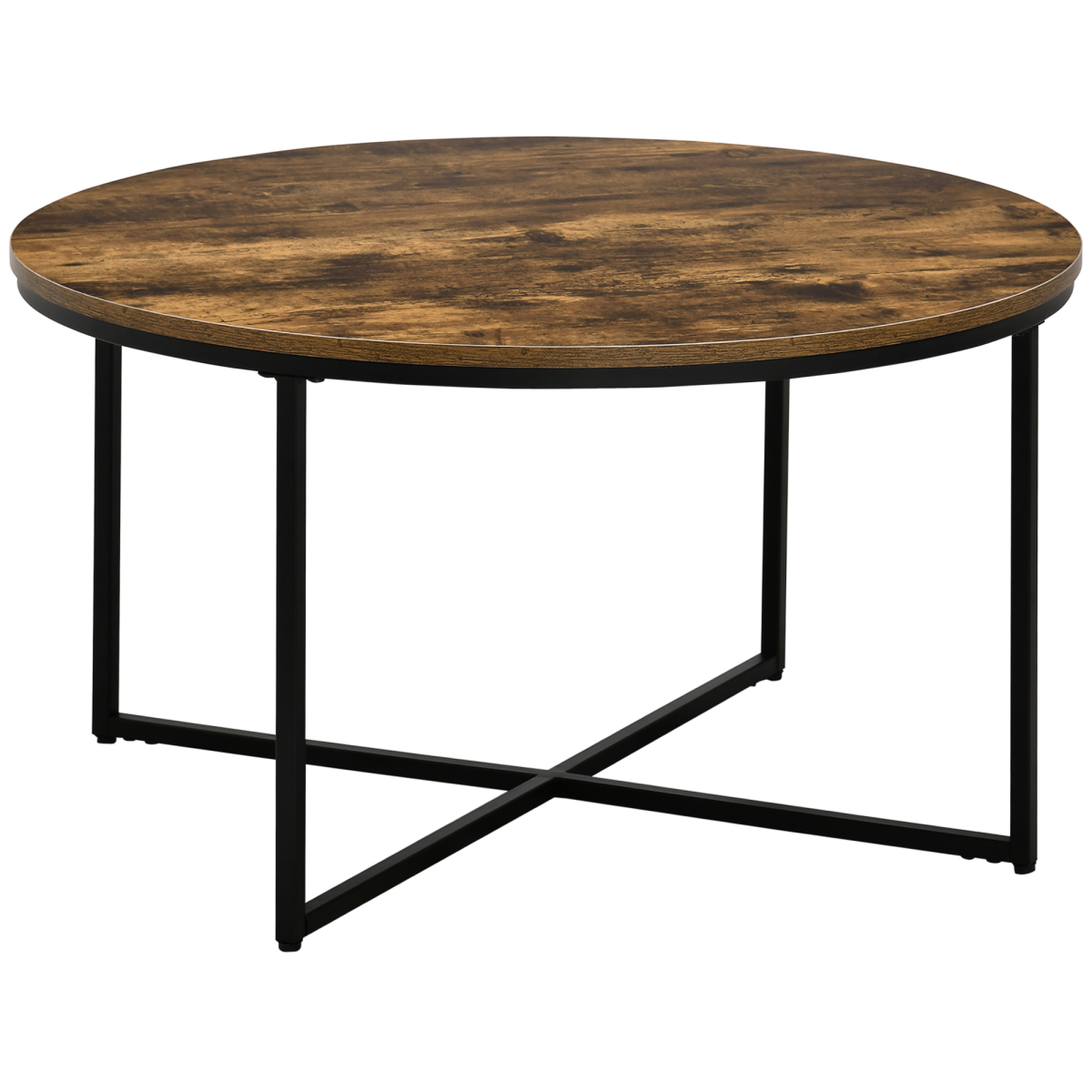 HOMCOM Industrial Round Side Table with Large Tabletop, Metal Frame and X-Shaped Base, Rustic Brown