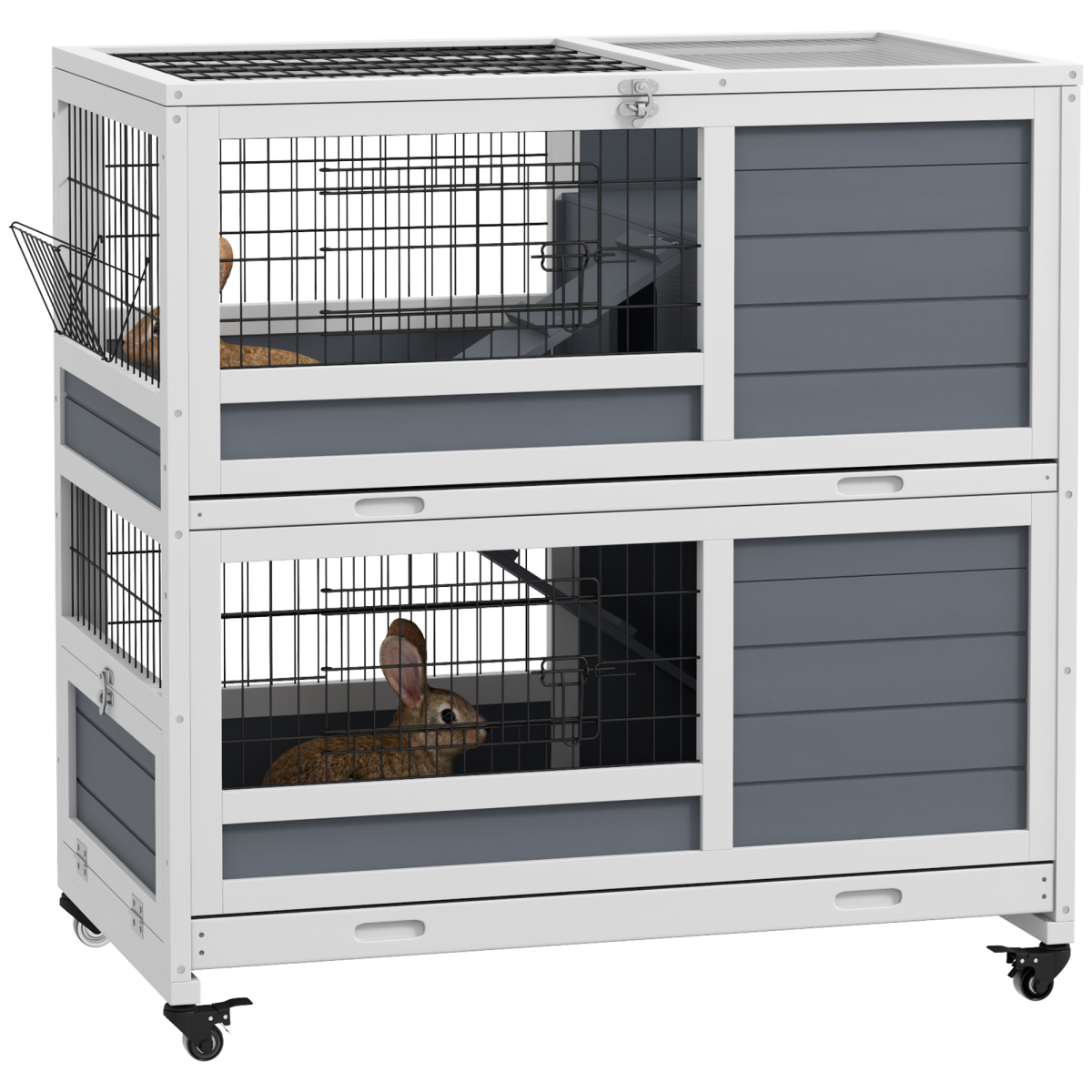 PawHut Double Decker Indoor Rabbit Hutch with Feeding Trough and Slide-Out Trays