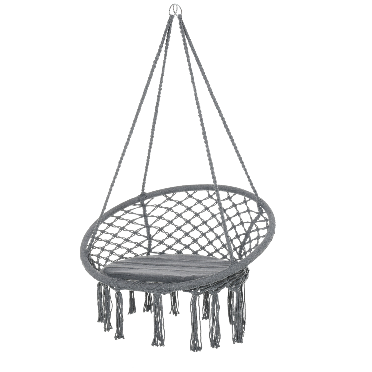 Outsunny Grey Macrame Hanging Chair Swing Hammock with Backrest, Padded Seat Cushion