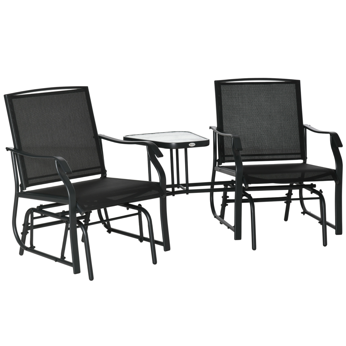 Outsunny Double Glider Rocking Chair Love Seat with Glass Middle Table, Mesh Fabric, Steel Frame