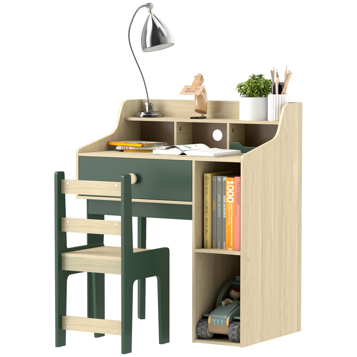 AIYAPLAY Kids Desk and Chair Set with Storage Shelf and Drawer, Green
