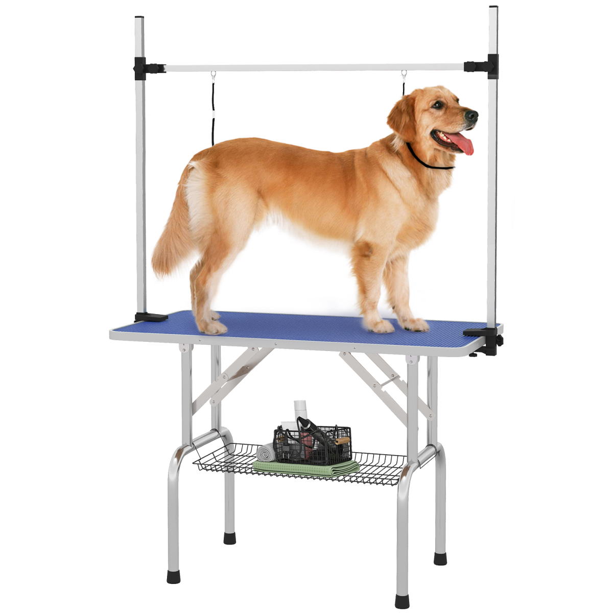 Adjustable Metal Dog Grooming Table with Rubber Top, 2 Safety Slings, Mesh Tray, PawHut