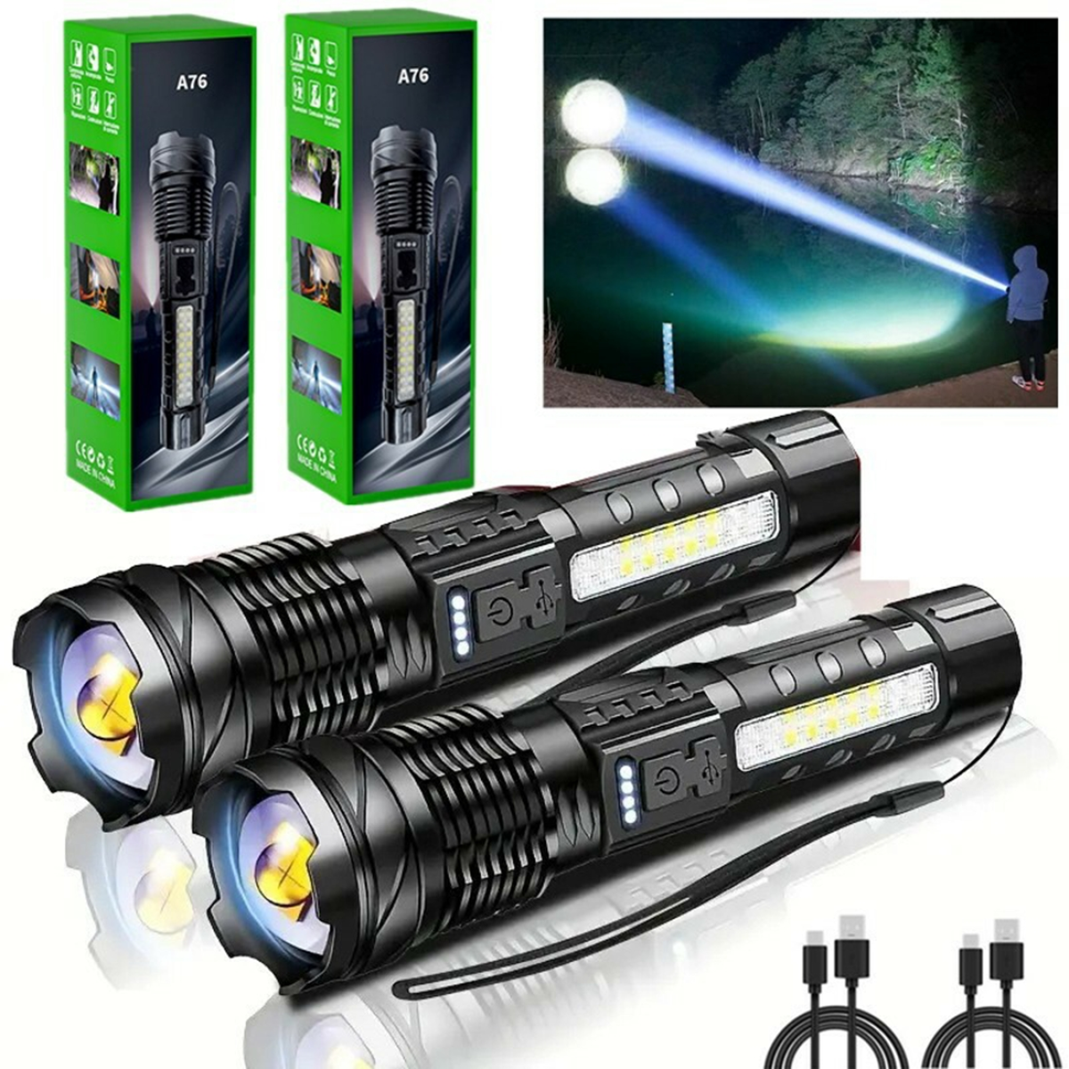 （2Pack）USB Rechargeable LED Flashlight Adjustable Focus Camping Hiking Outdoor Flashlight Work light