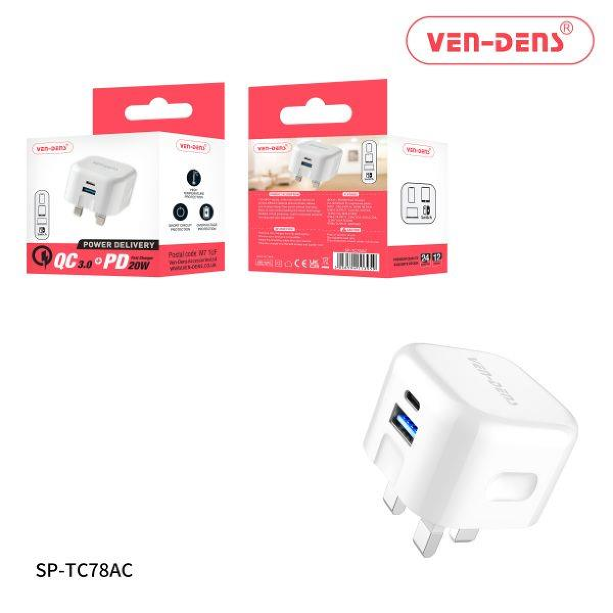 Ven-Dens Dual Port QC 3.0 PD 20W Fast Charger Wall Plug