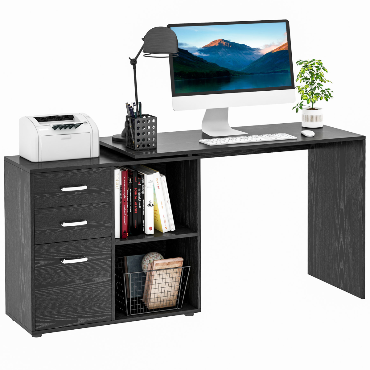 HOMCOM L Shape Computer Desk Workstation with Drawer Shelf File Cabinet, Home Office Desk