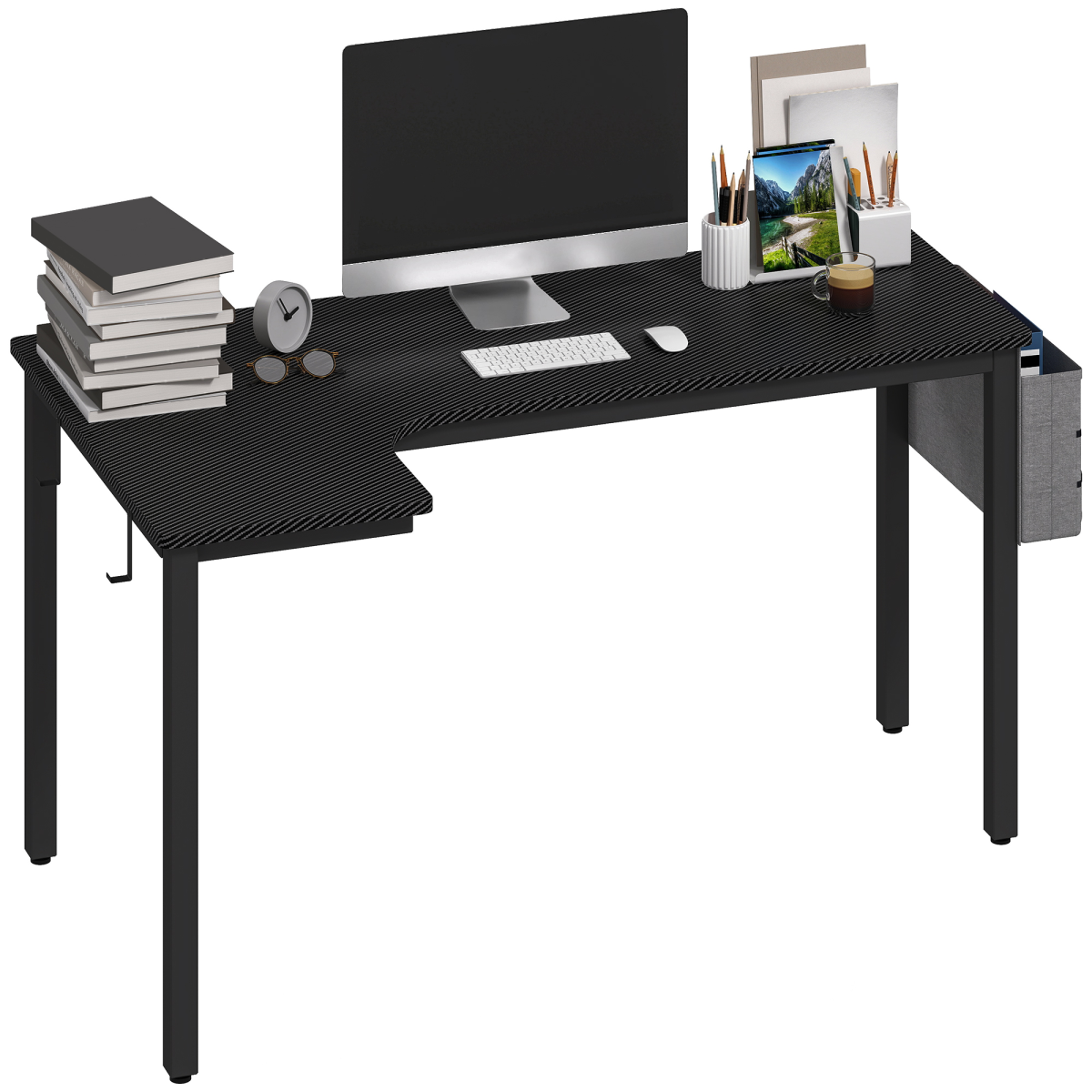 HOMCOM L-Shaped Corner Computer Desk with Fabric Bag & Hooks, Black