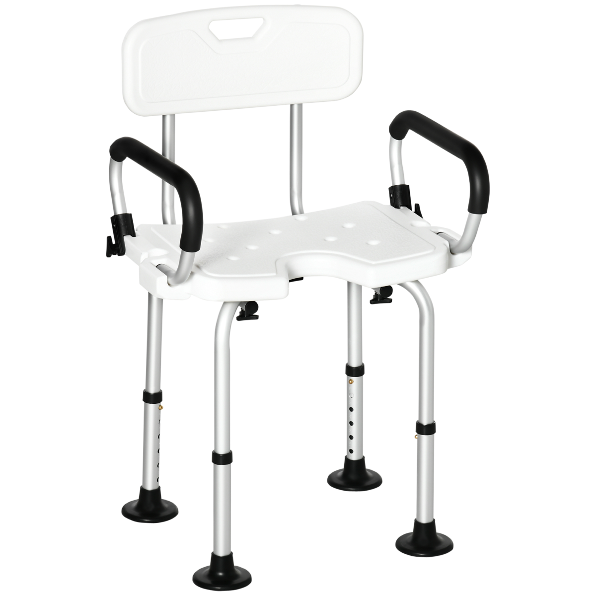 HOMCOM Adjustable Height Shower Stool with Suction Feet, High Back, Padded Arms and Drainage Seat for Elderly and Disabled