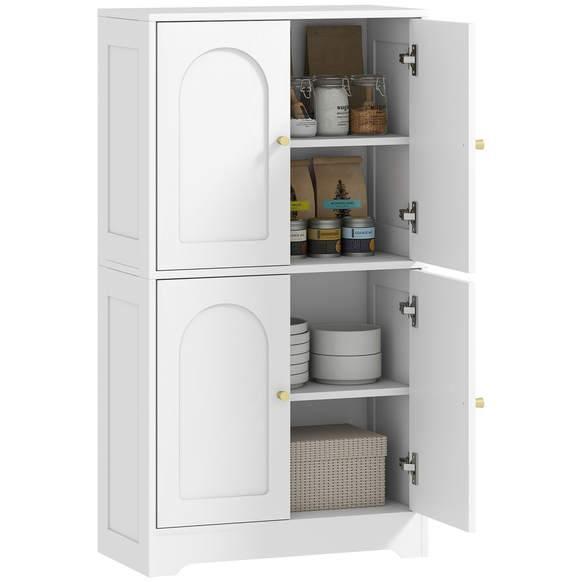 HOMCOM 110cm White Kitchen Cupboard with 4 Arched Doors and Adjustable Shelves