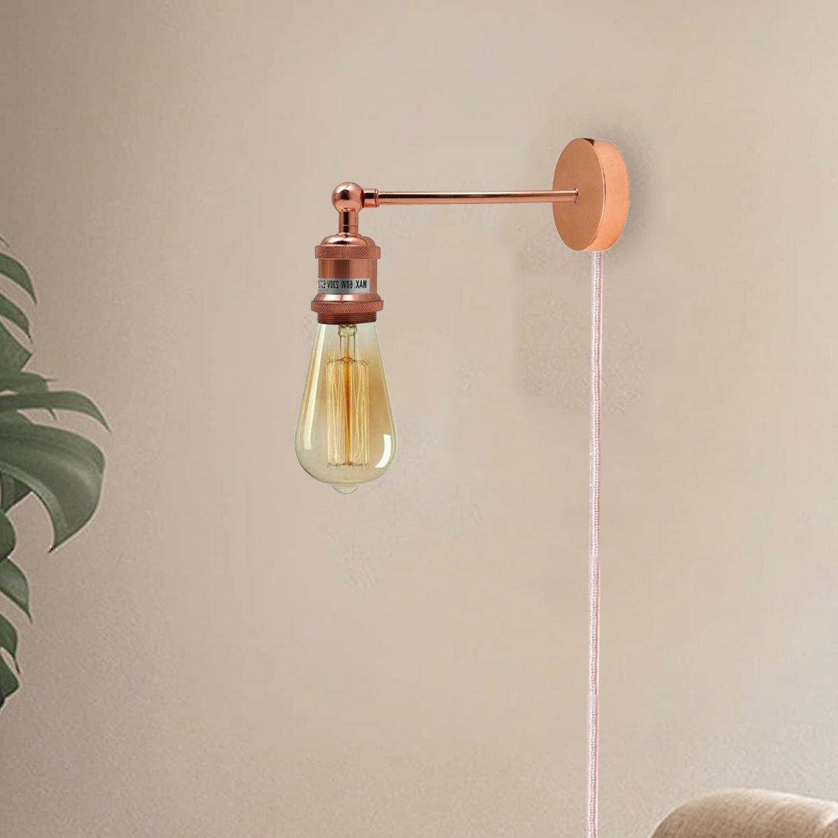 Vintage Rose Gold Plug-In Wall Sconce Lamp with Dimmer Switch