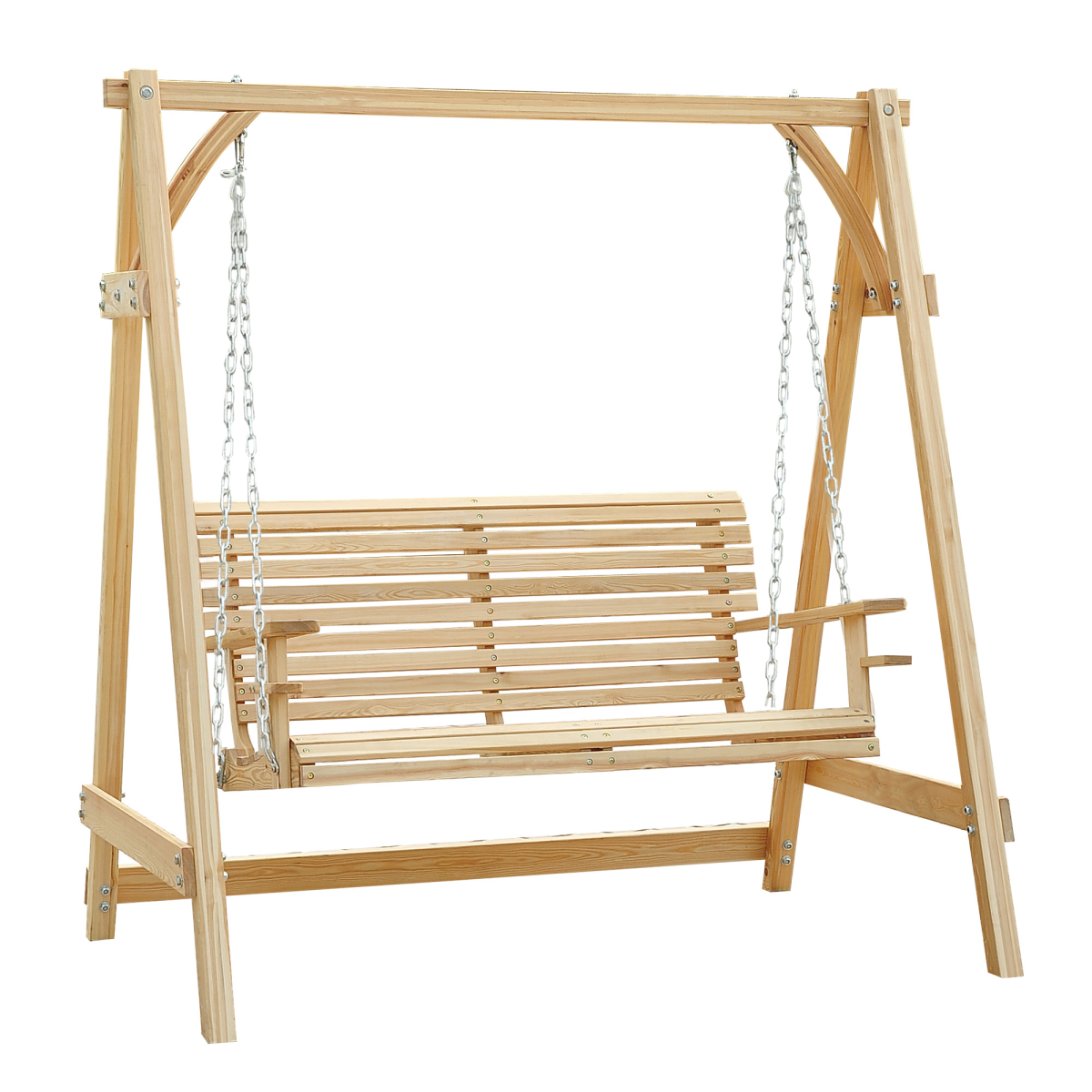 Outsunny 2-Seater Larch Wood Garden Swing Bench with Cup Trays
