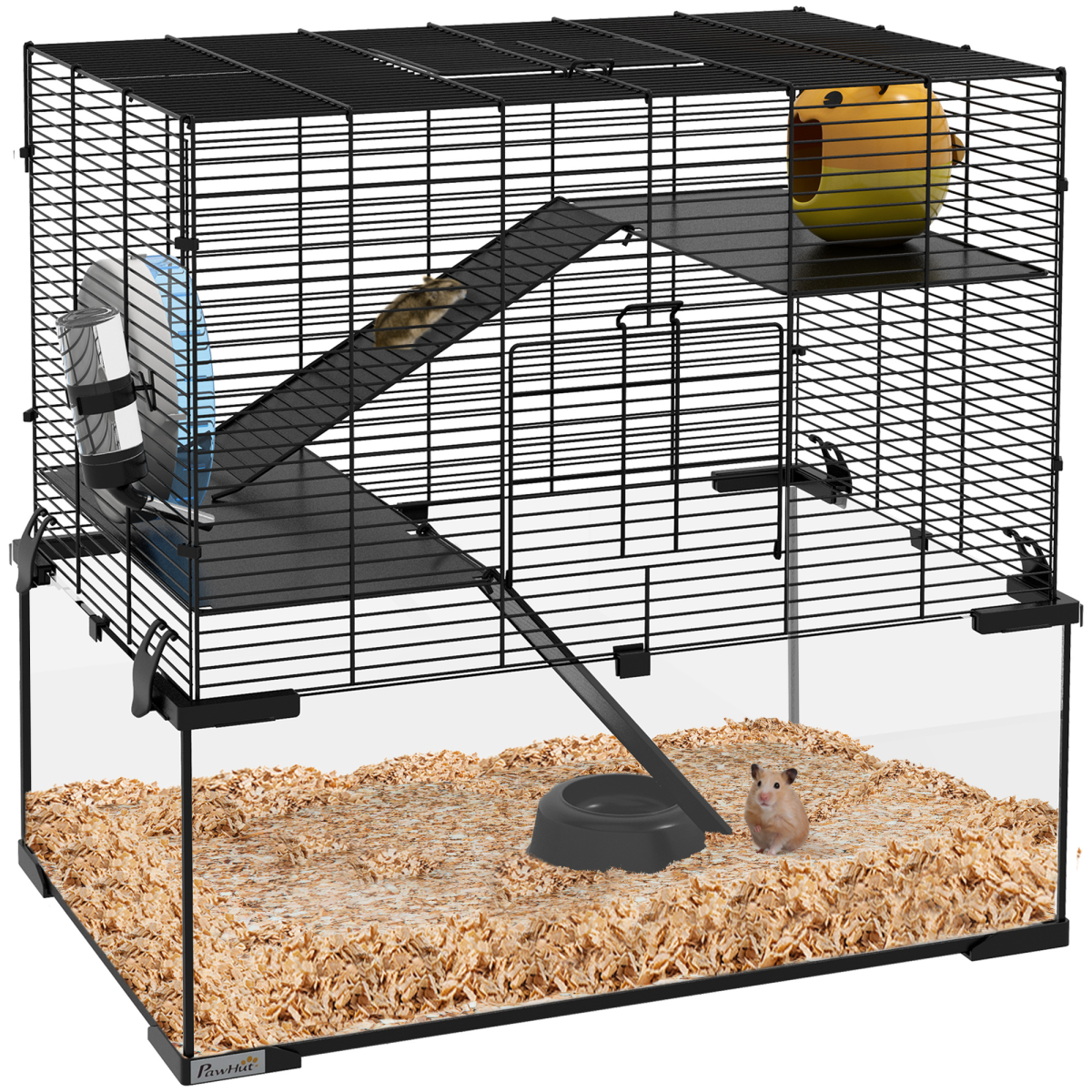 PawHut 3-Tier Hamster Cage with Glass Bottom, Dish & Hut, 60x40x57cm