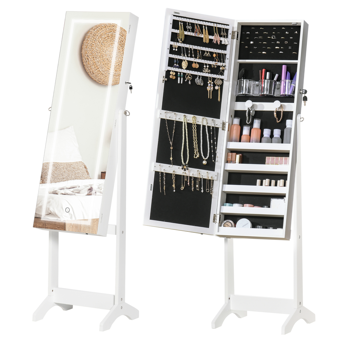White Mirrored Jewellery Cabinet with LED Light, Lockable Storage